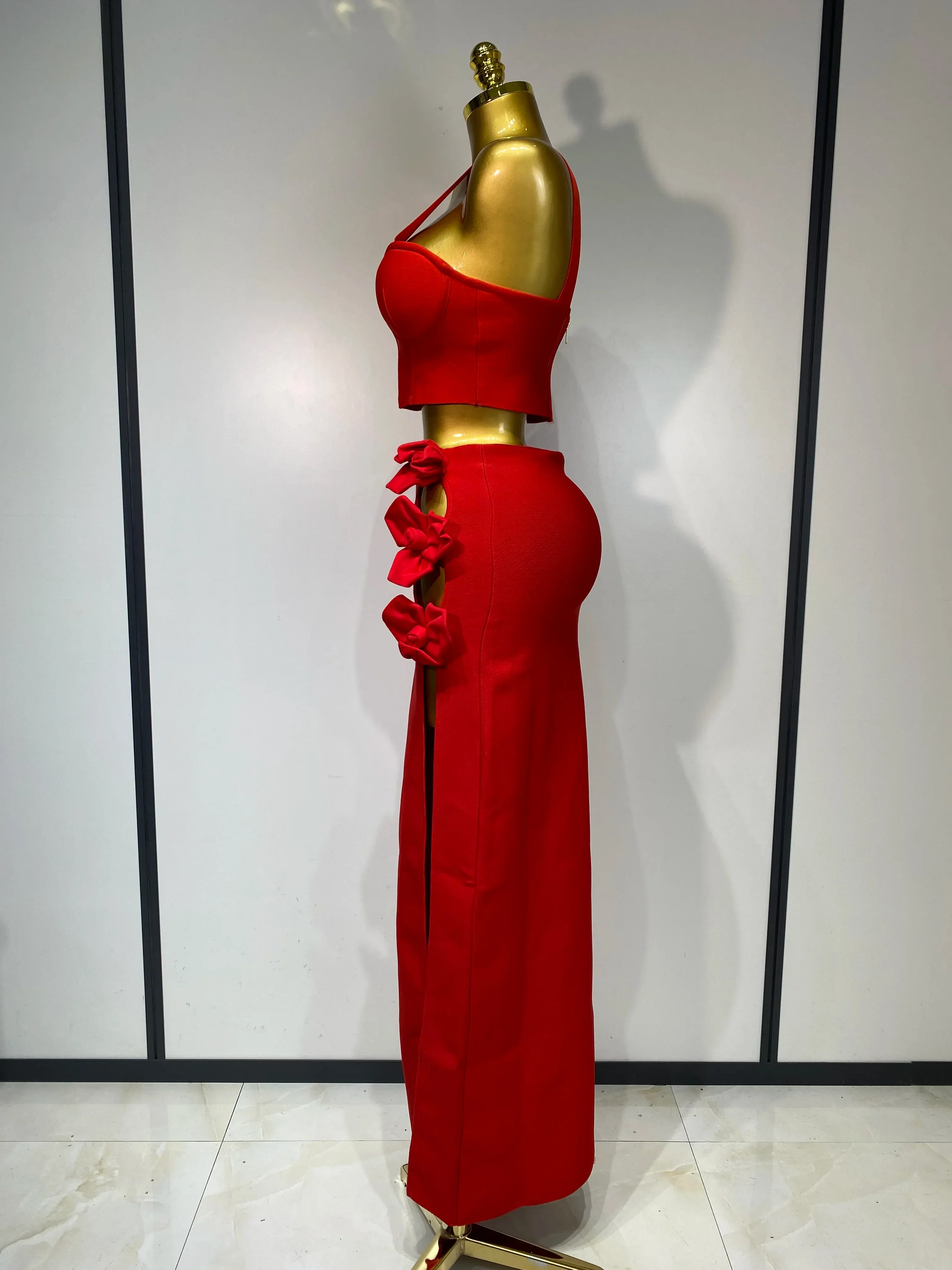 Women Red Top Flower Skirt Two Piece Set Evening Party Nightclub Elegant Host Tight Sexy Club Bodycon Bandage Long Skirt - Image 3
