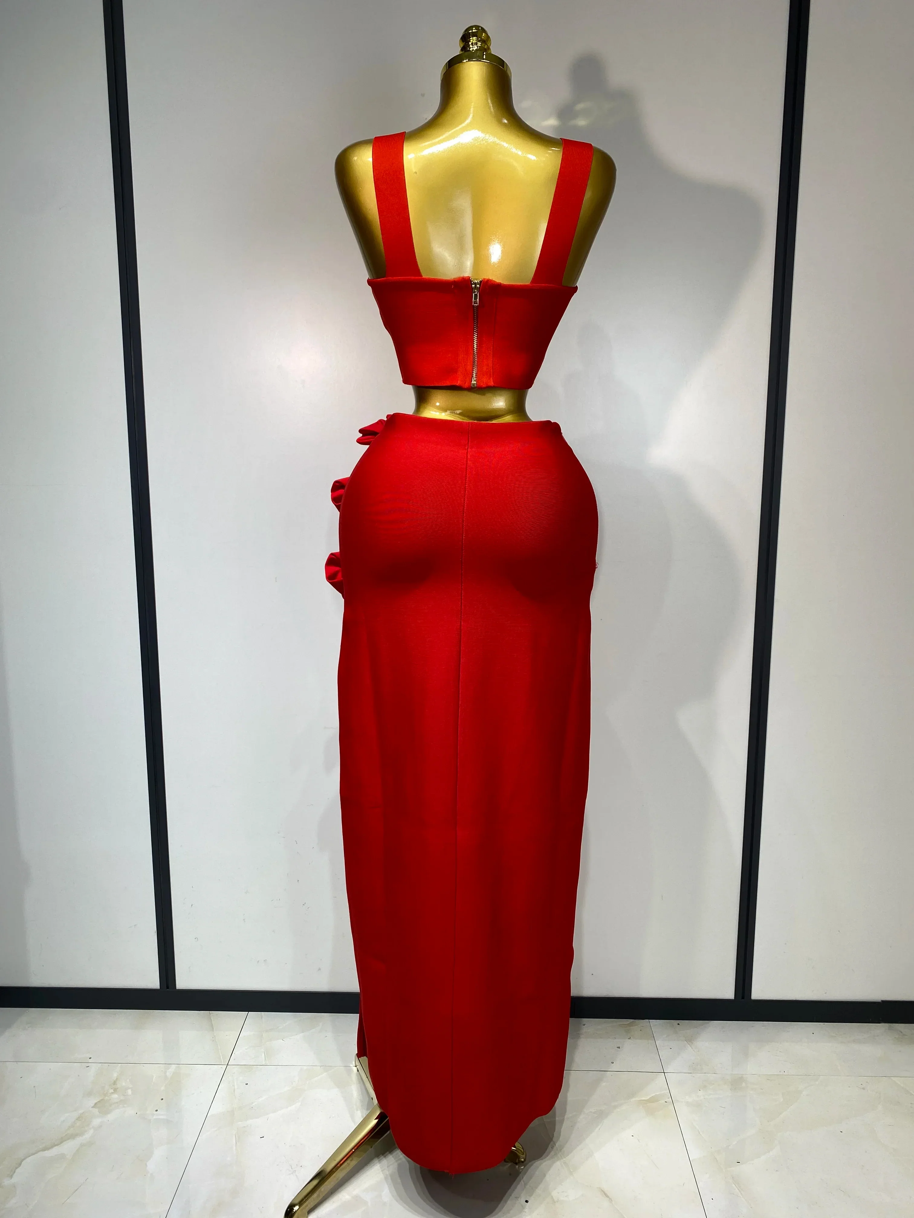Women Red Top Flower Skirt Two Piece Set Evening Party Nightclub Elegant Host Tight Sexy Club Bodycon Bandage Long Skirt - Image 4