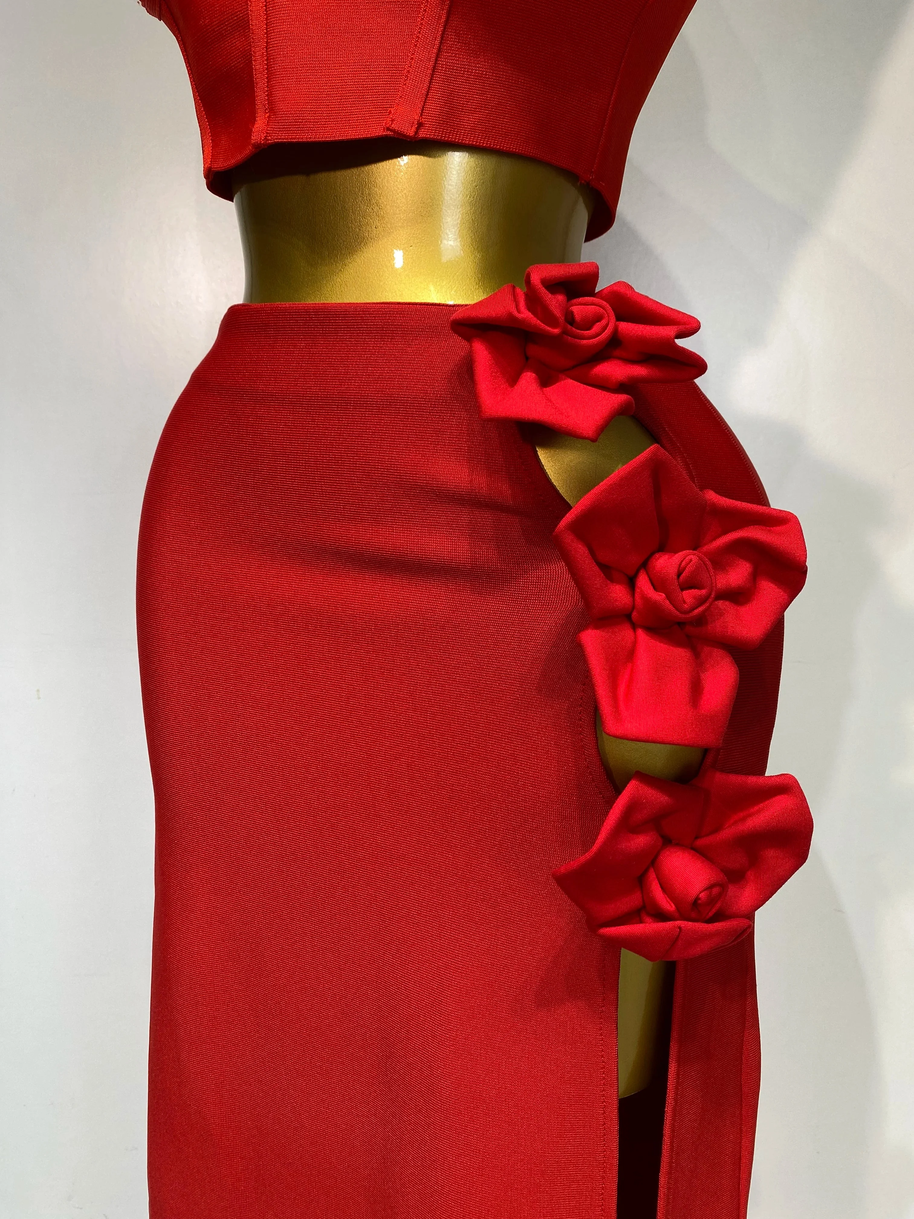 Women Red Top Flower Skirt Two Piece Set Evening Party Nightclub Elegant Host Tight Sexy Club Bodycon Bandage Long Skirt - Image 6