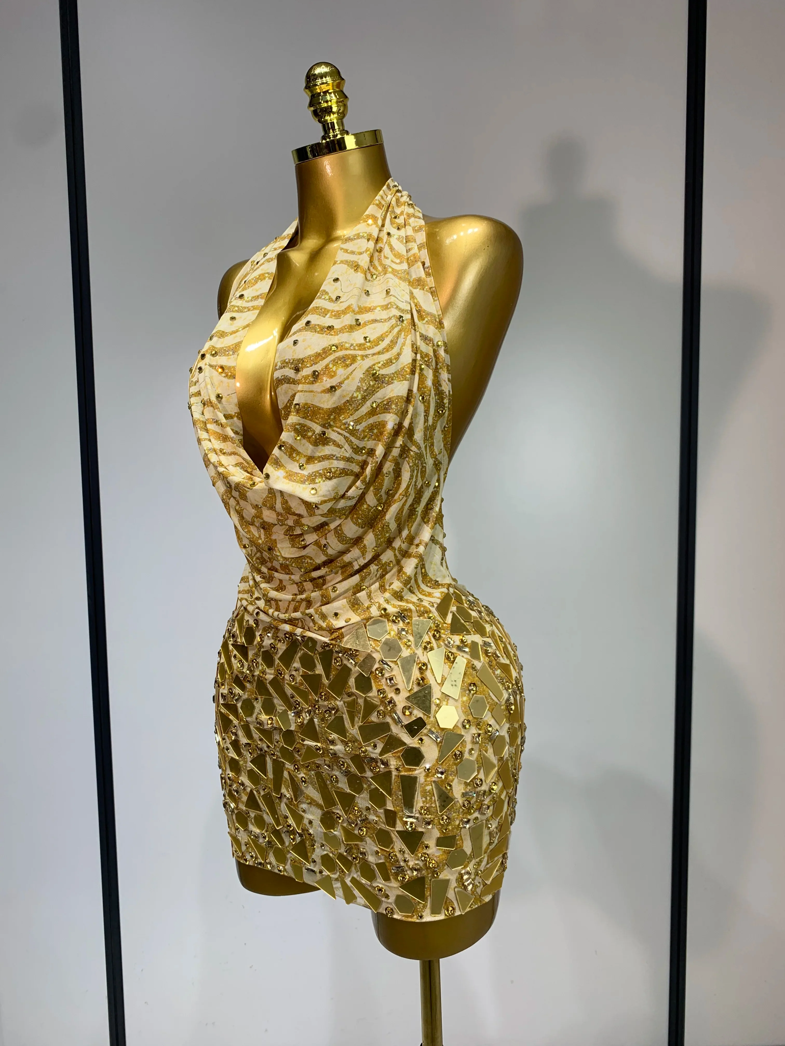 Women Sexy Backless Deep V Neck Mini Gold Dress Celebrity Elegant Evening Prom Dresses Birthday Photo Shoot Nightclub Costume - Image 2