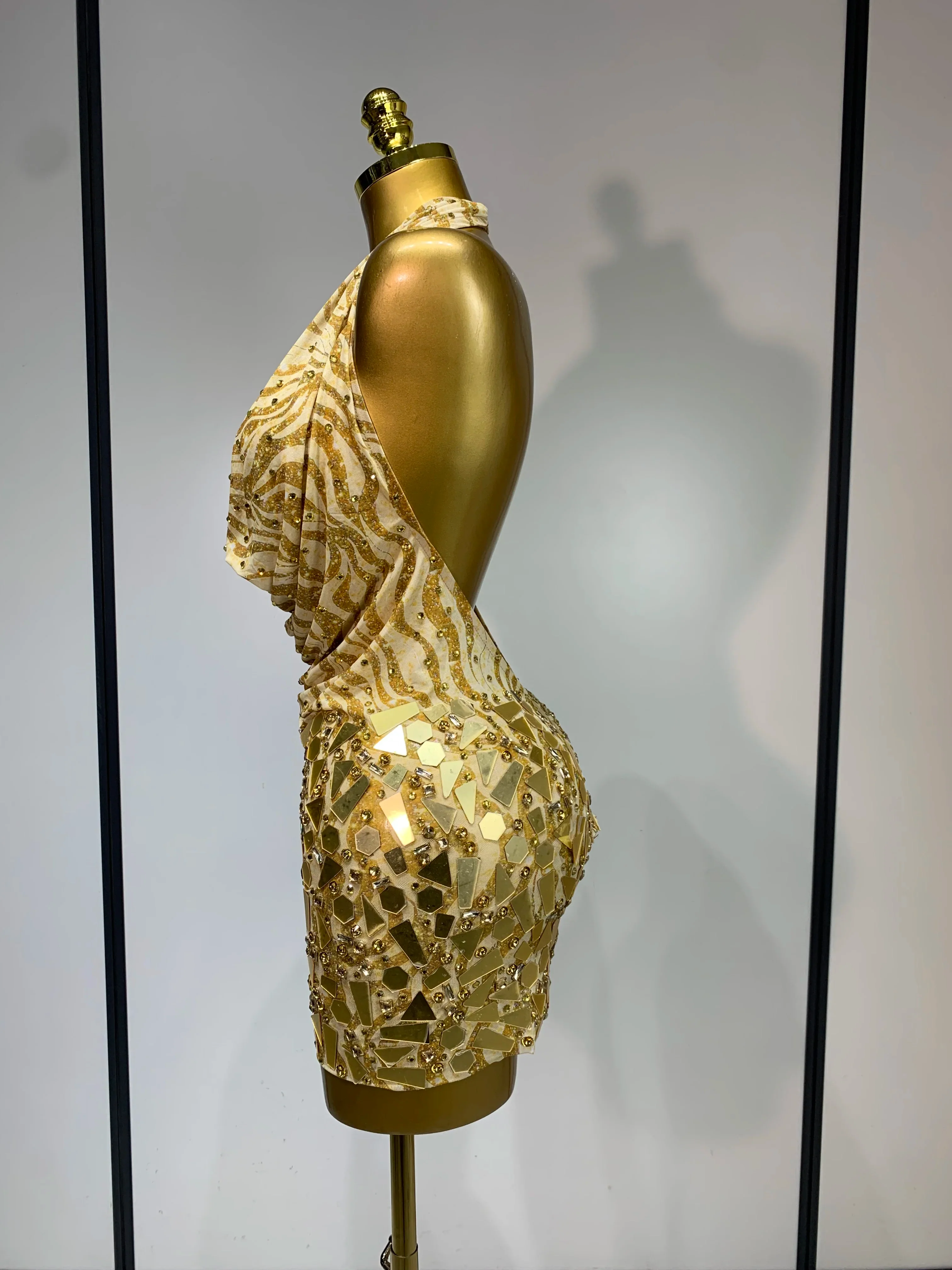 Women Sexy Backless Deep V Neck Mini Gold Dress Celebrity Elegant Evening Prom Dresses Birthday Photo Shoot Nightclub Costume - Image 3