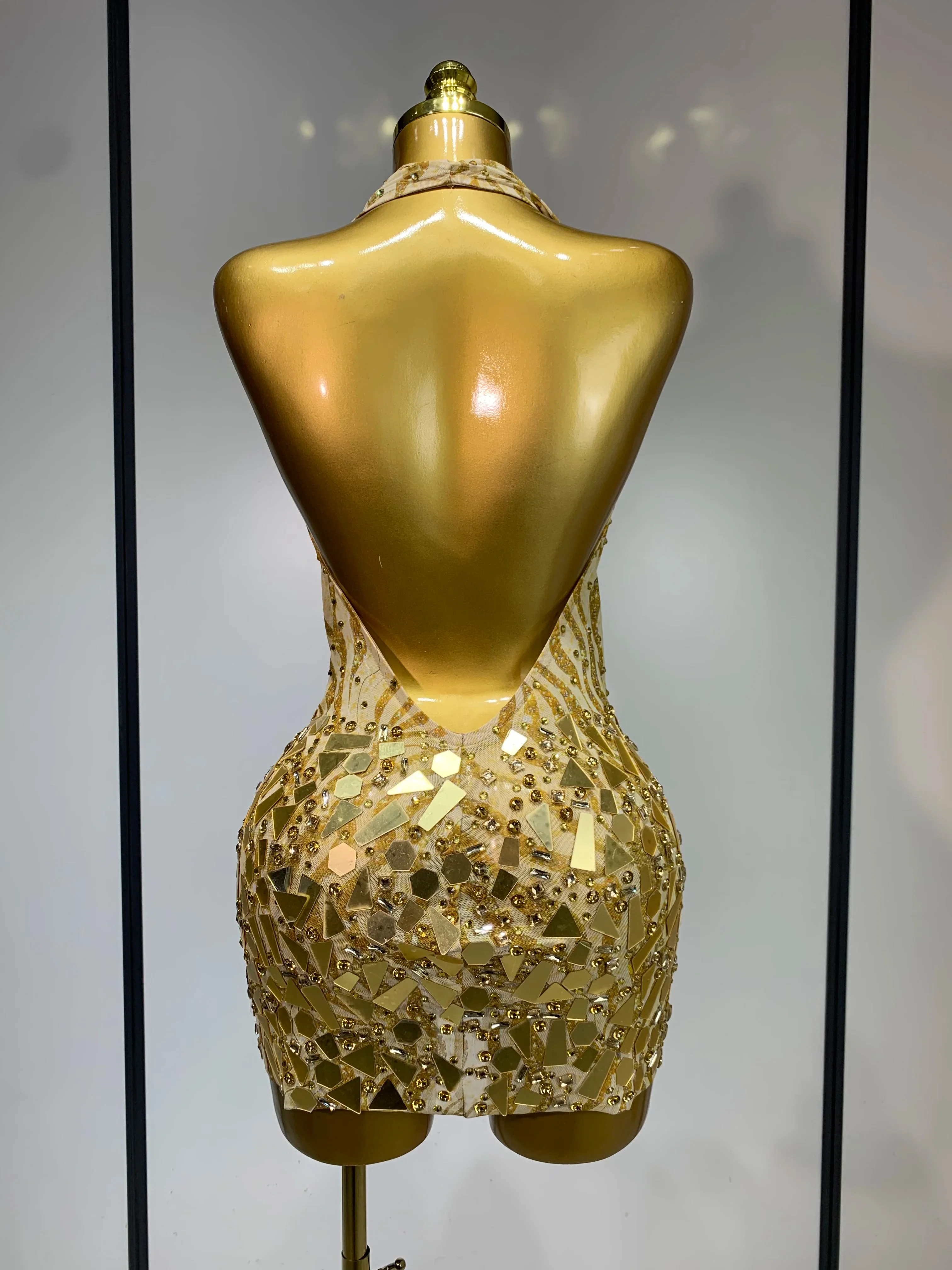 Women Sexy Backless Deep V Neck Mini Gold Dress Celebrity Elegant Evening Prom Dresses Birthday Photo Shoot Nightclub Costume - Image 4