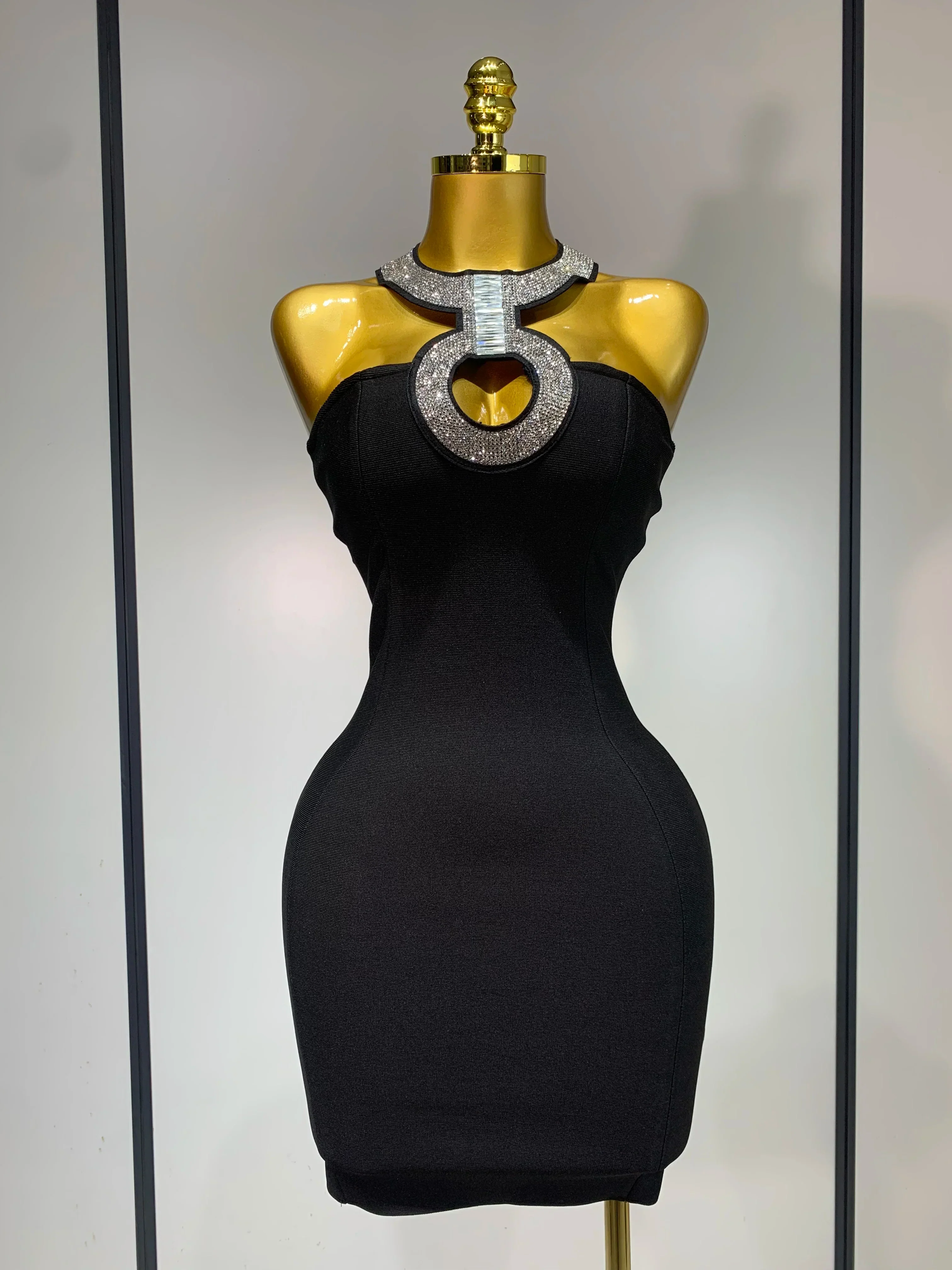 Women Sexy Backless Diamonds Sparkly Black Bodycon Bandage Dress  Elegant Evening Club Luxury Birthday Party Dresses