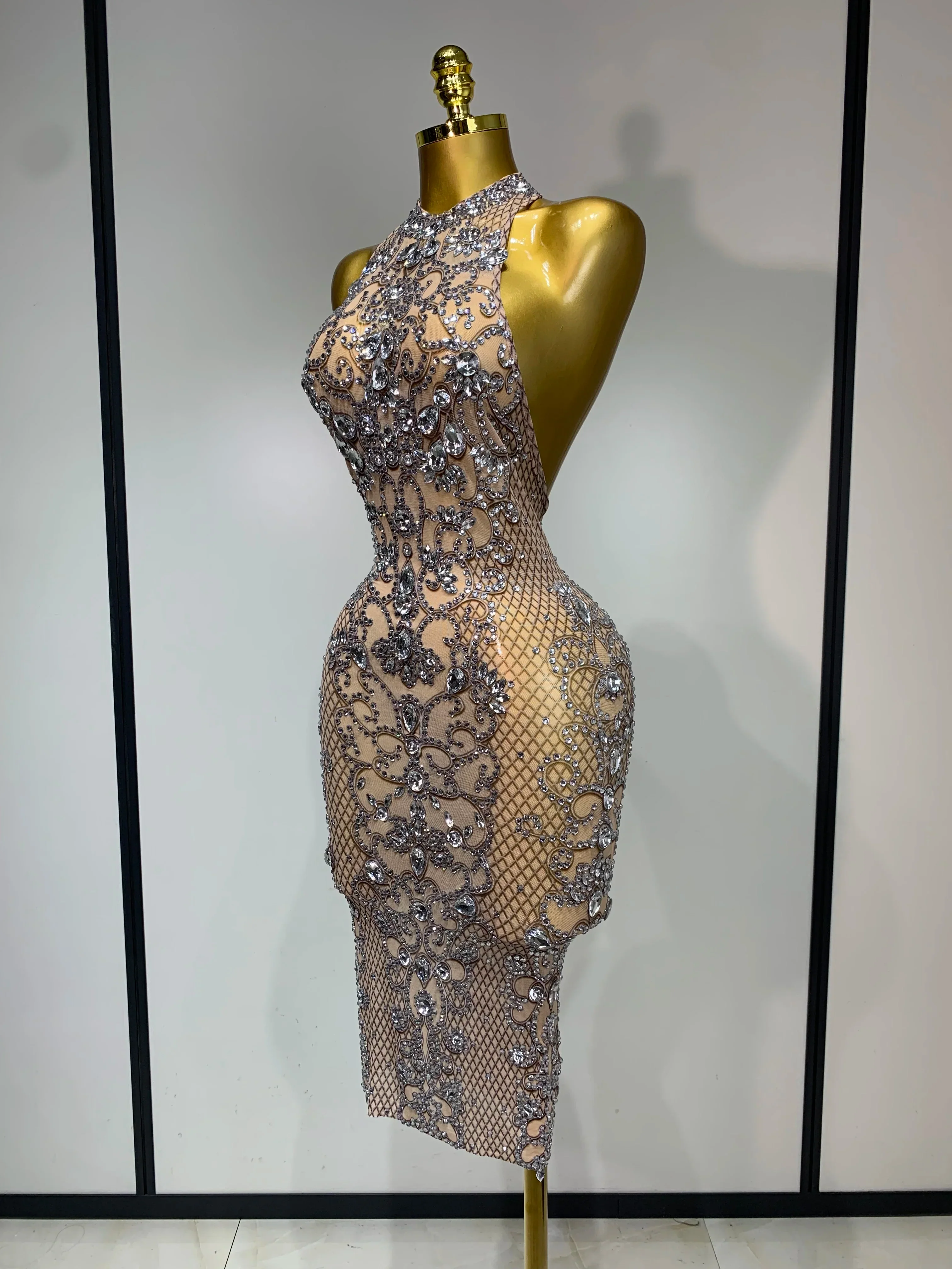Women Sexy Backless Mesh Crystal Diamonds Performance Costume Stage Dancer See Through Stretchy Nightclub Evenig Party Dresses - Image 2