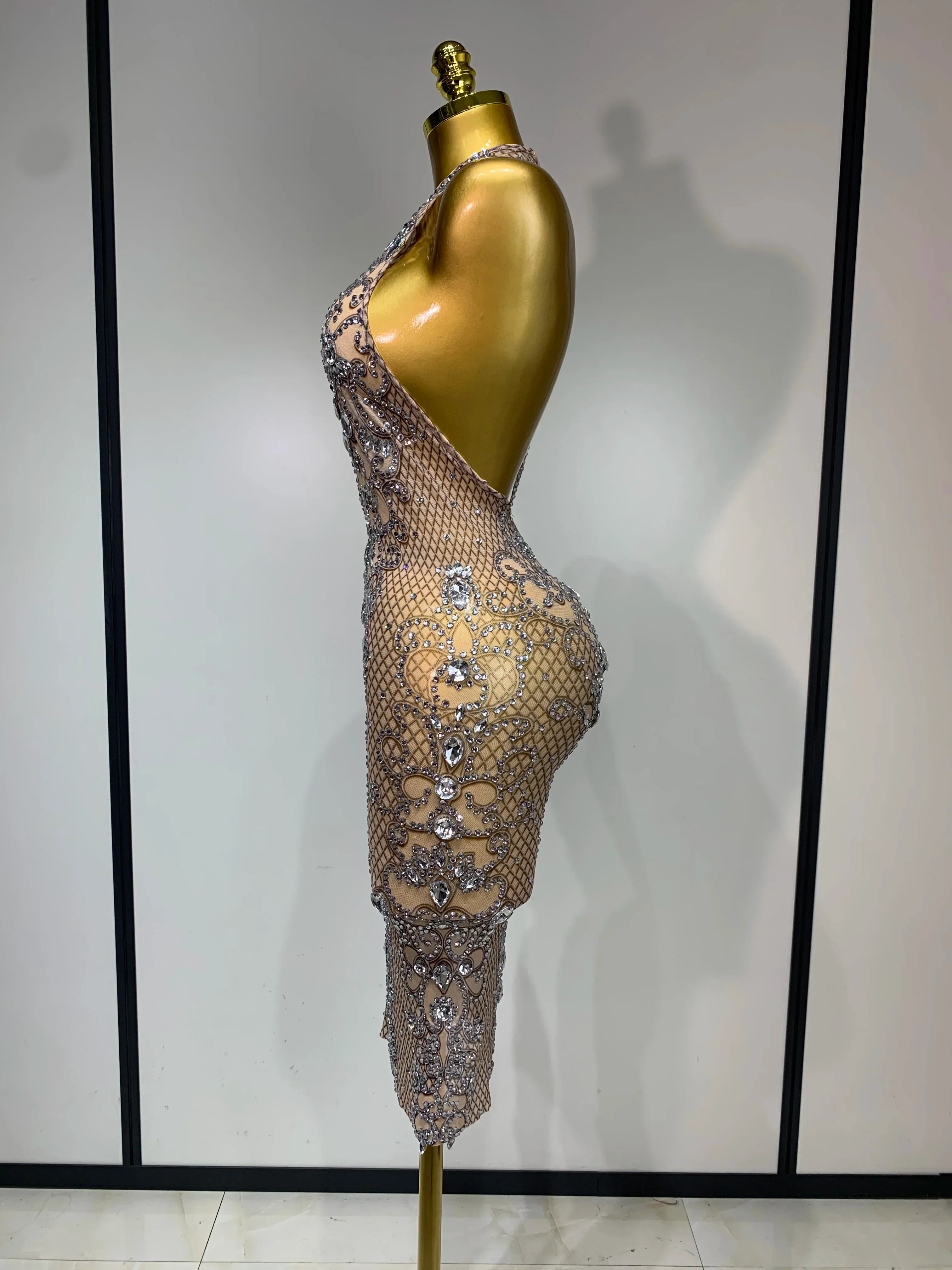 Women Sexy Backless Mesh Crystal Diamonds Performance Costume Stage Dancer See Through Stretchy Nightclub Evenig Party Dresses - Image 3
