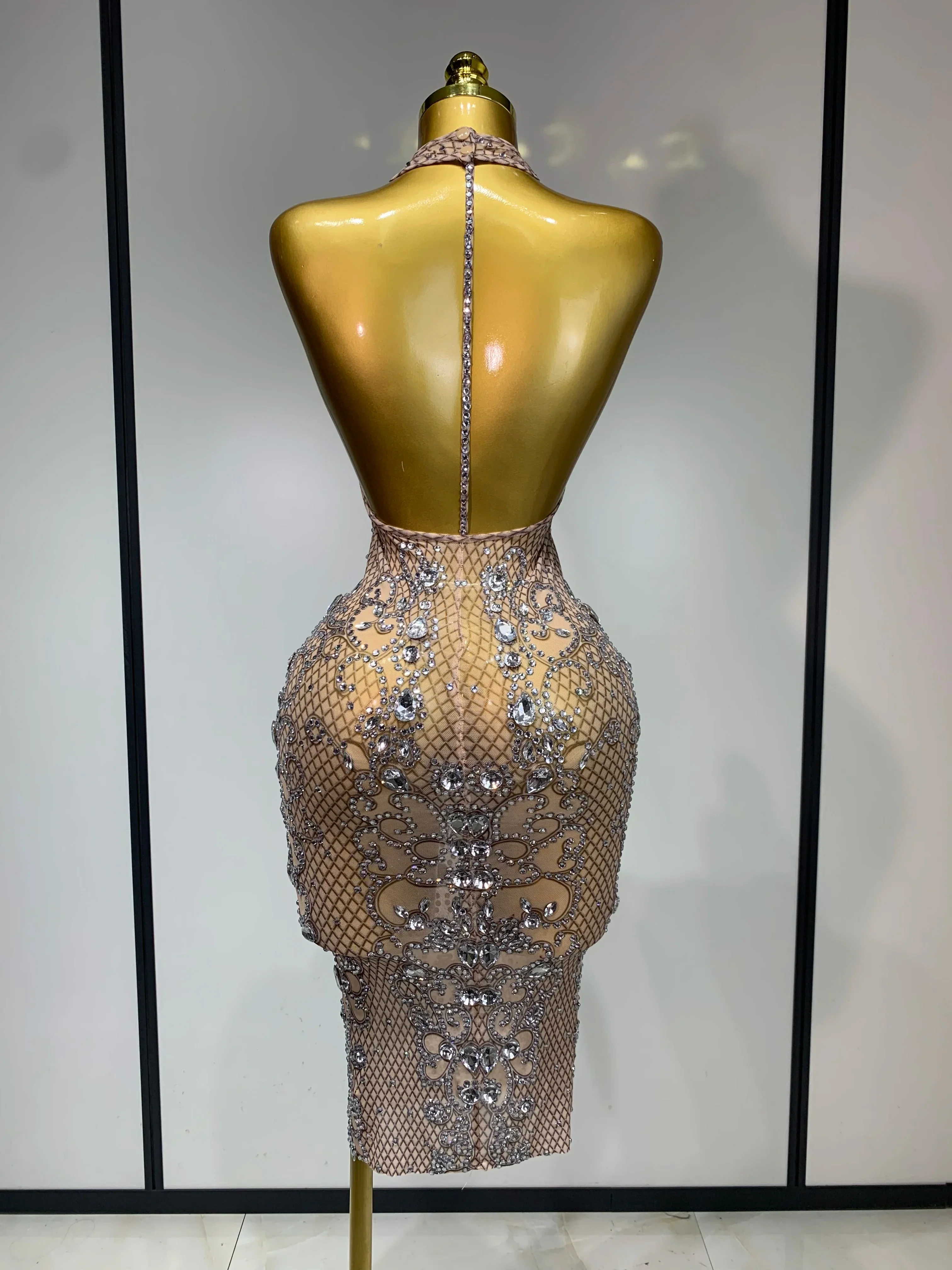 Women Sexy Backless Mesh Crystal Diamonds Performance Costume Stage Dancer See Through Stretchy Nightclub Evenig Party Dresses - Image 4