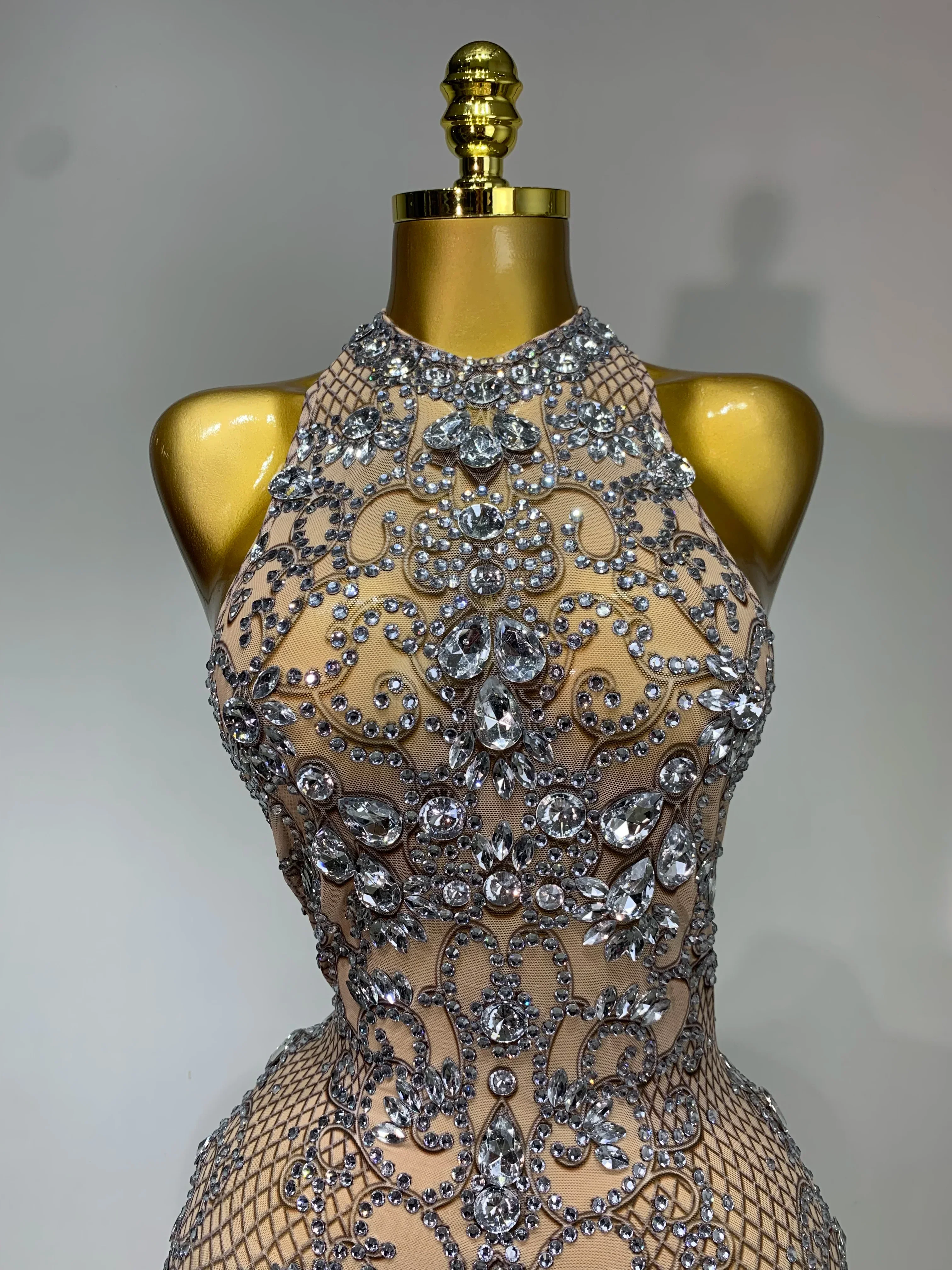Women Sexy Backless Mesh Crystal Diamonds Performance Costume Stage Dancer See Through Stretchy Nightclub Evenig Party Dresses - Image 5