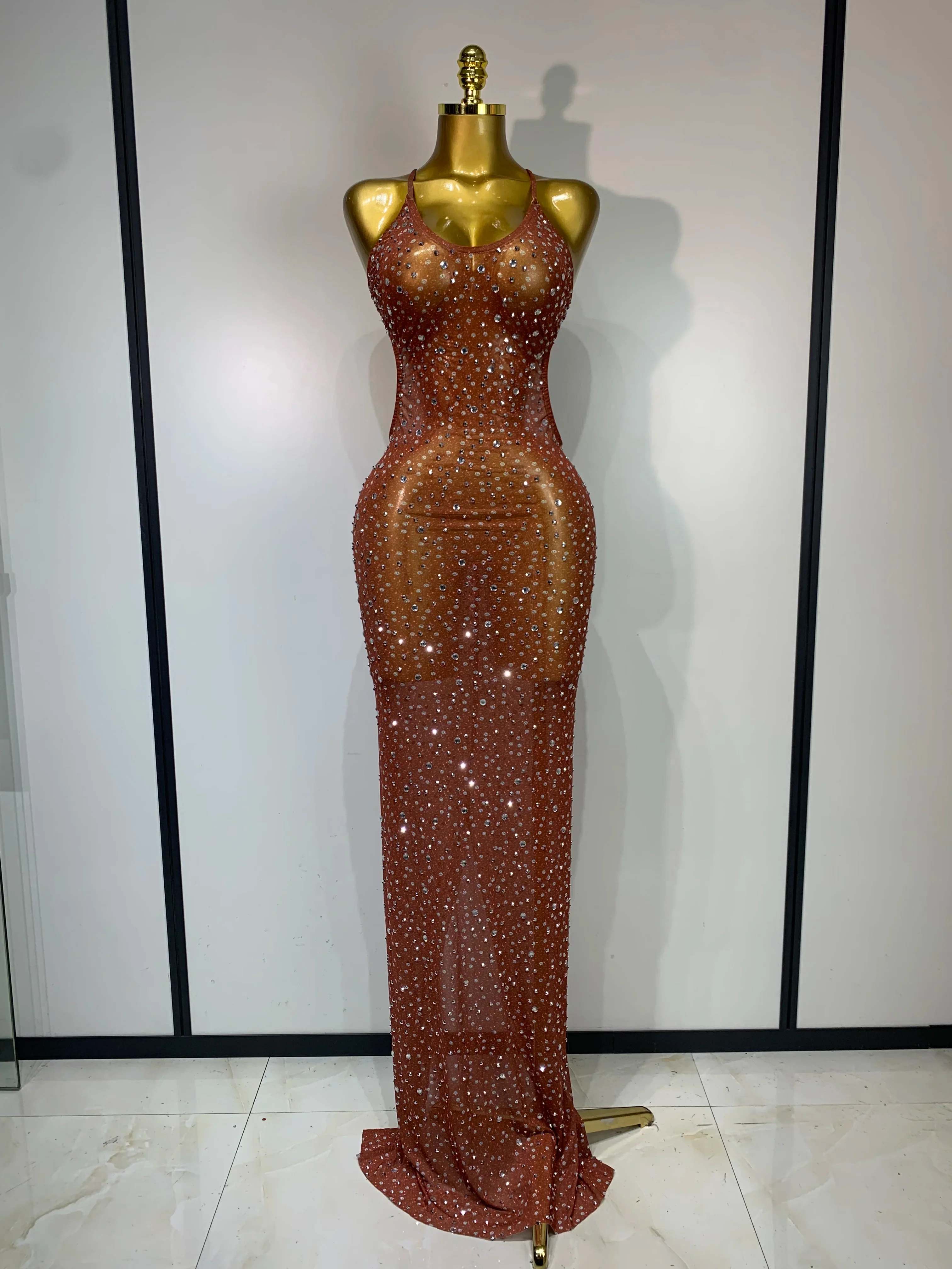 Women Sexy Backless Rhinestones Mesh Stretch See Through Maxi Dress Luxury Birthday Performance Singer Stage Costume Vestido