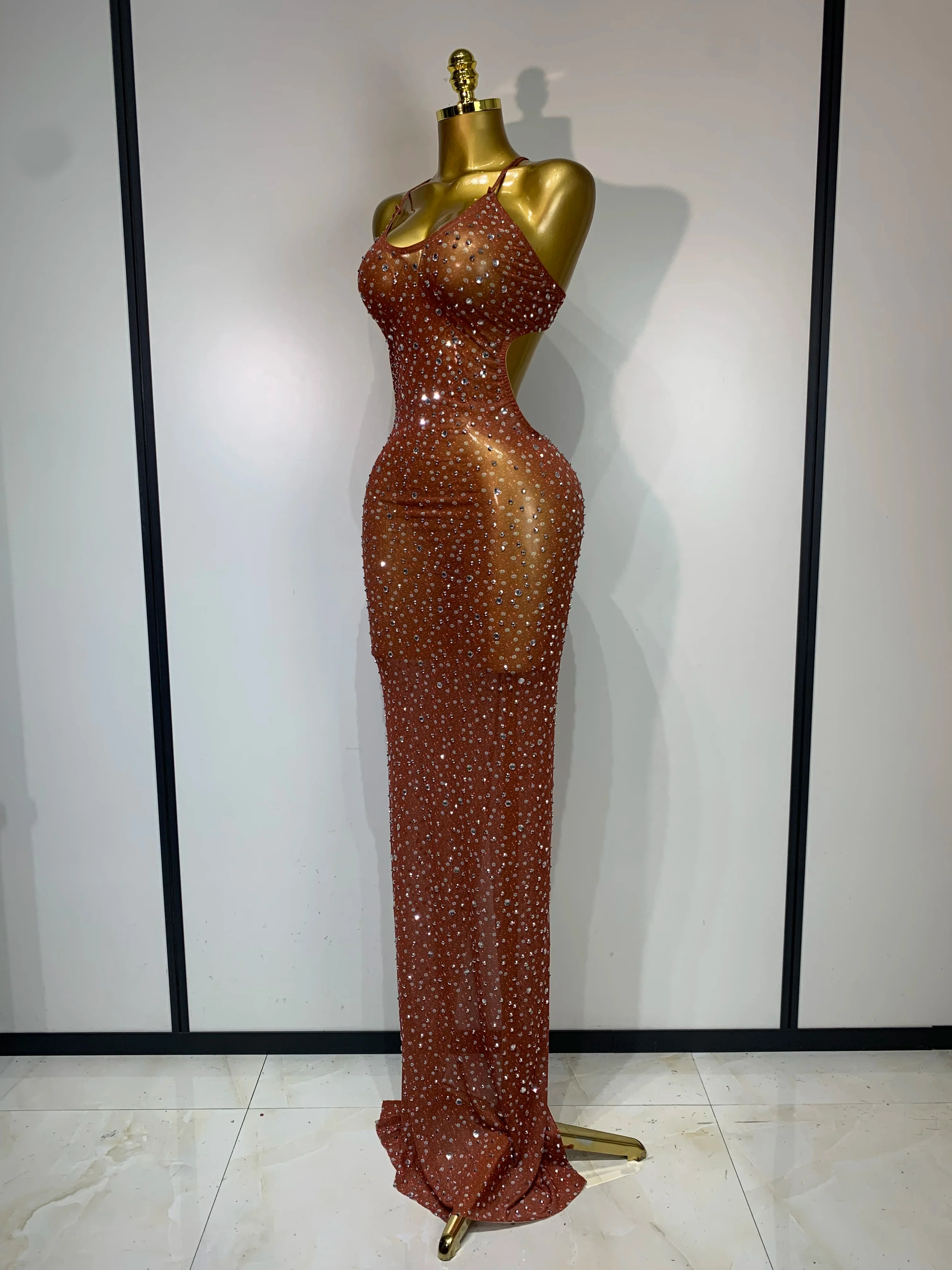 Women Sexy Backless Rhinestones Mesh Stretch See Through Maxi Dress Luxury Birthday Performance Singer Stage Costume Vestido - Image 2