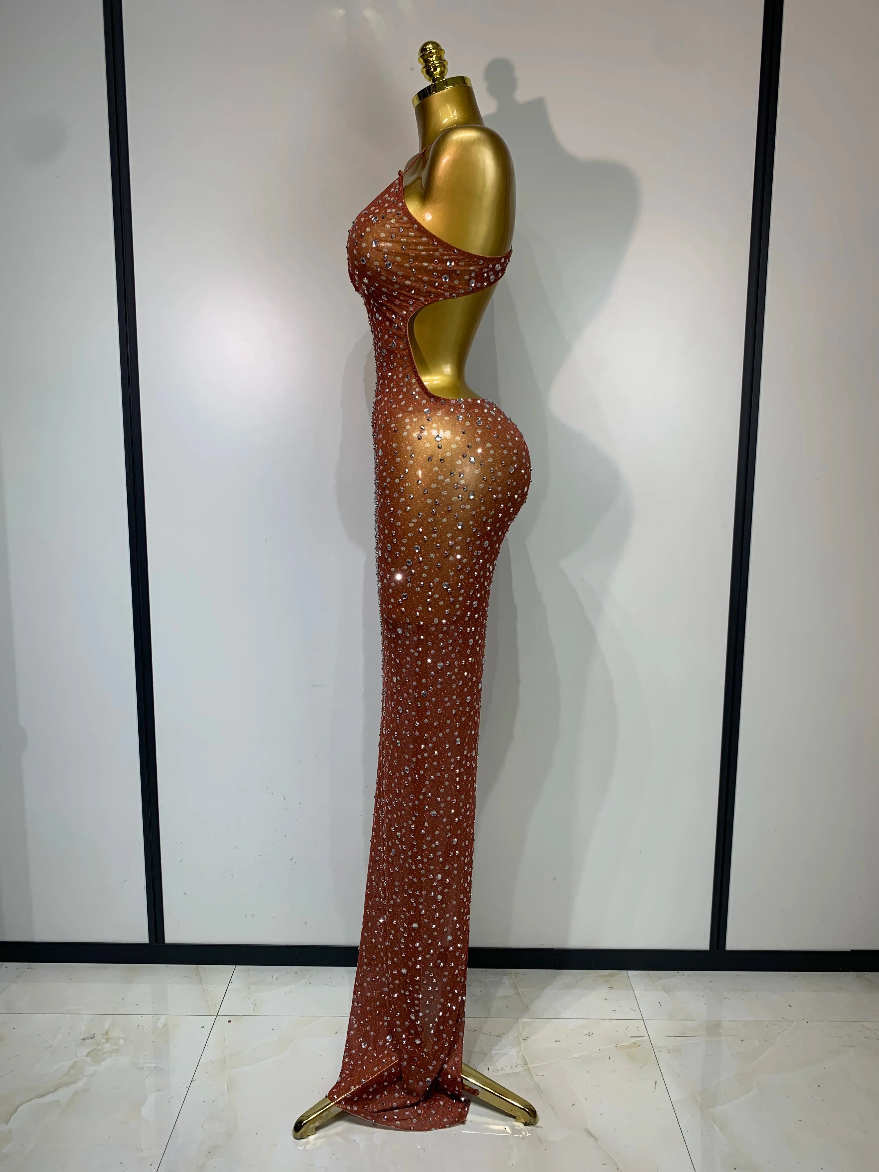 Women Sexy Backless Rhinestones Mesh Stretch See Through Maxi Dress Luxury Birthday Performance Singer Stage Costume Vestido - Image 3