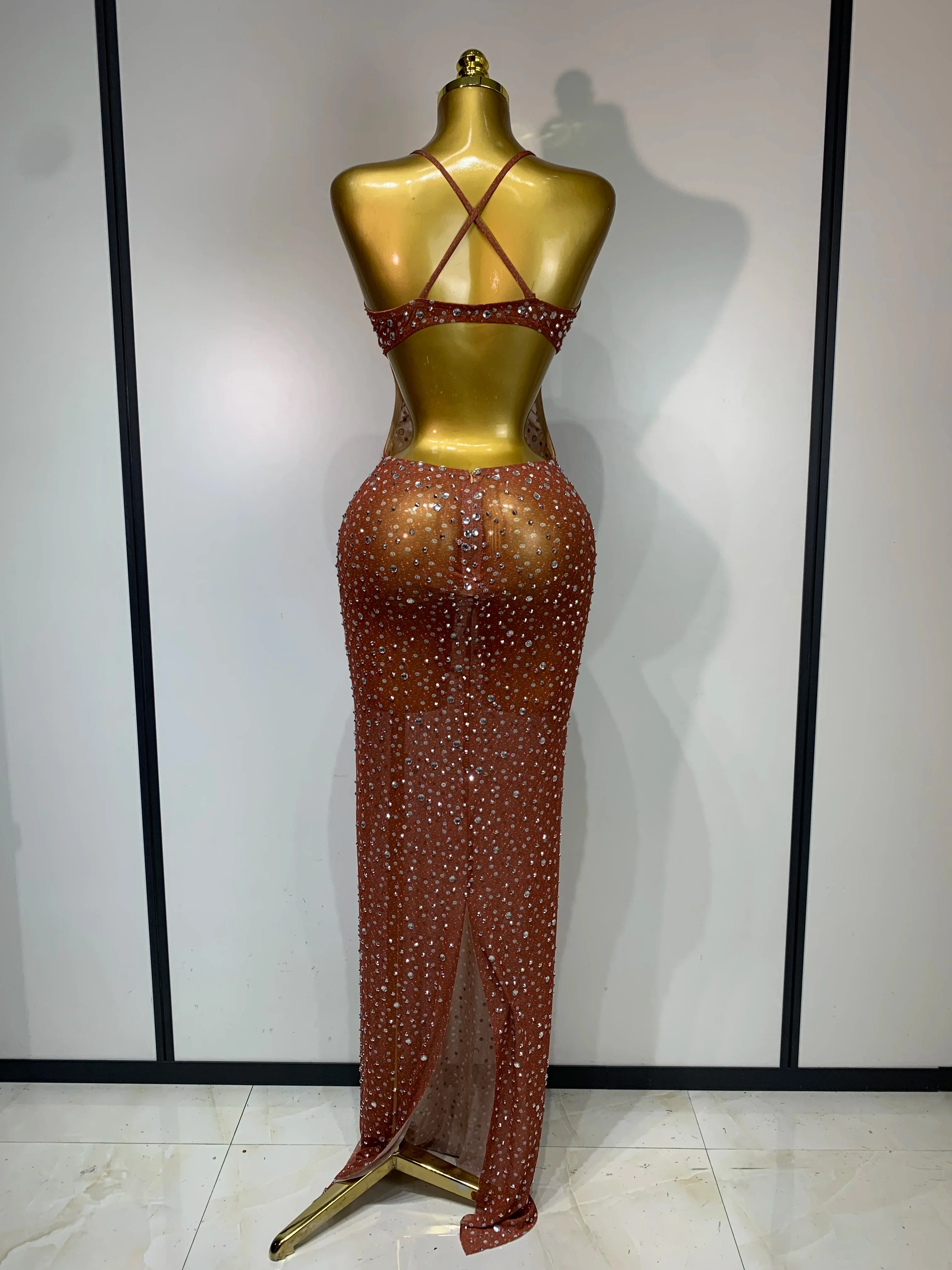 Women Sexy Backless Rhinestones Mesh Stretch See Through Maxi Dress Luxury Birthday Performance Singer Stage Costume Vestido - Image 4
