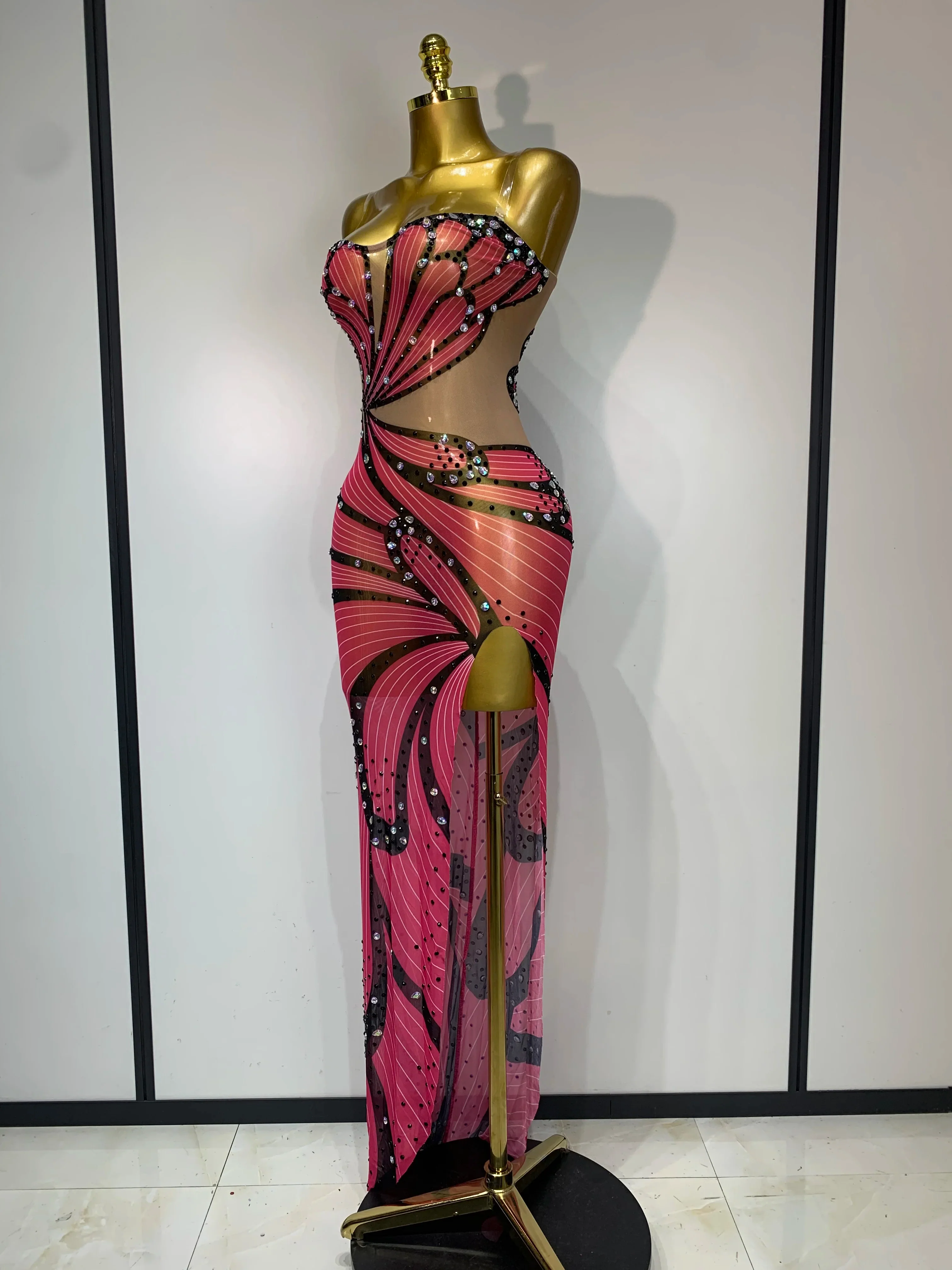 Women Sexy Backless Sparkly Rhinestones Mesh See Through Maxi Dress Luxury Birthday Singer Stage Costume Evening Party Vestido - Image 2