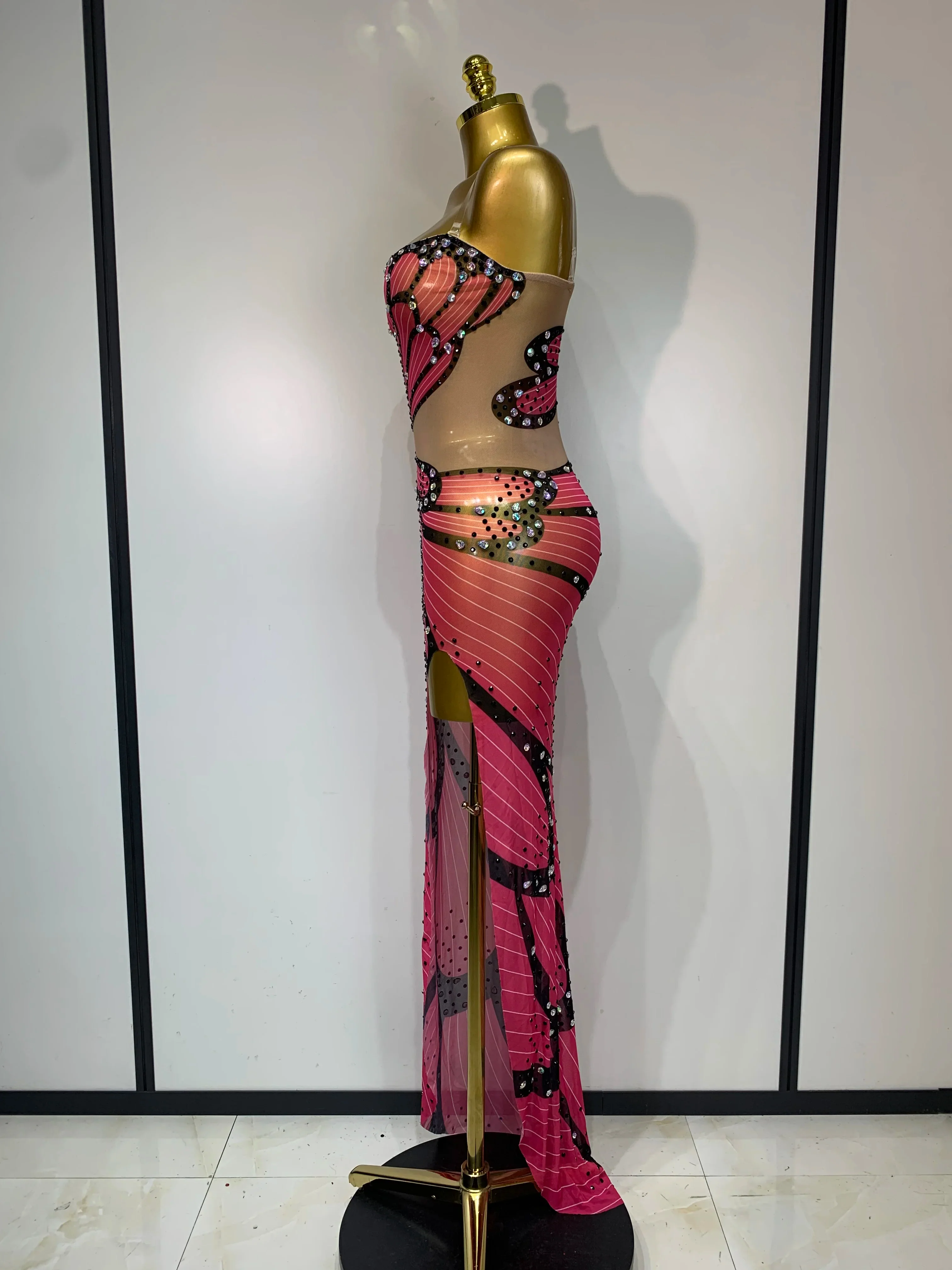 Women Sexy Backless Sparkly Rhinestones Mesh See Through Maxi Dress Luxury Birthday Singer Stage Costume Evening Party Vestido - Image 3