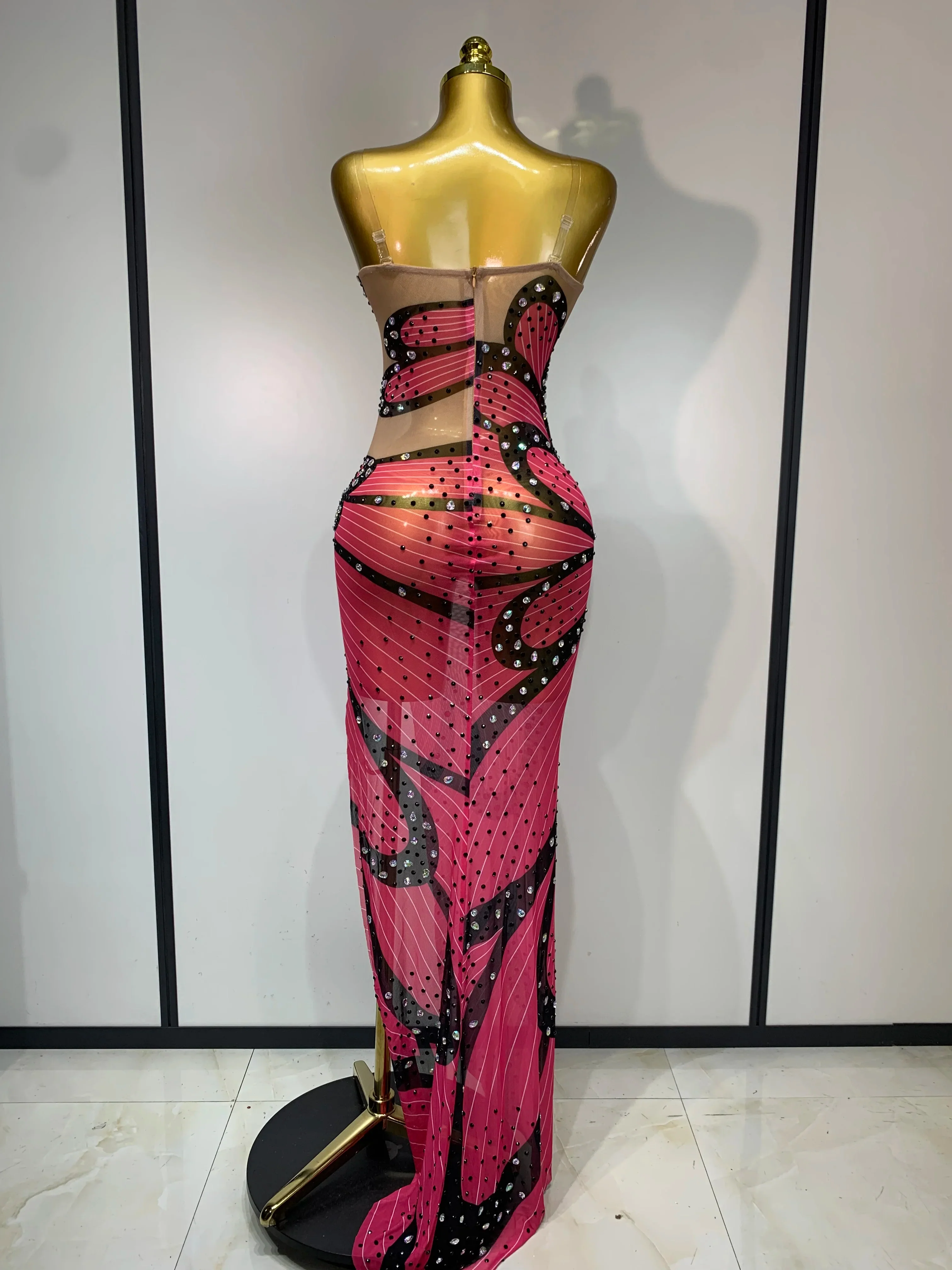 Women Sexy Backless Sparkly Rhinestones Mesh See Through Maxi Dress Luxury Birthday Singer Stage Costume Evening Party Vestido - Image 4