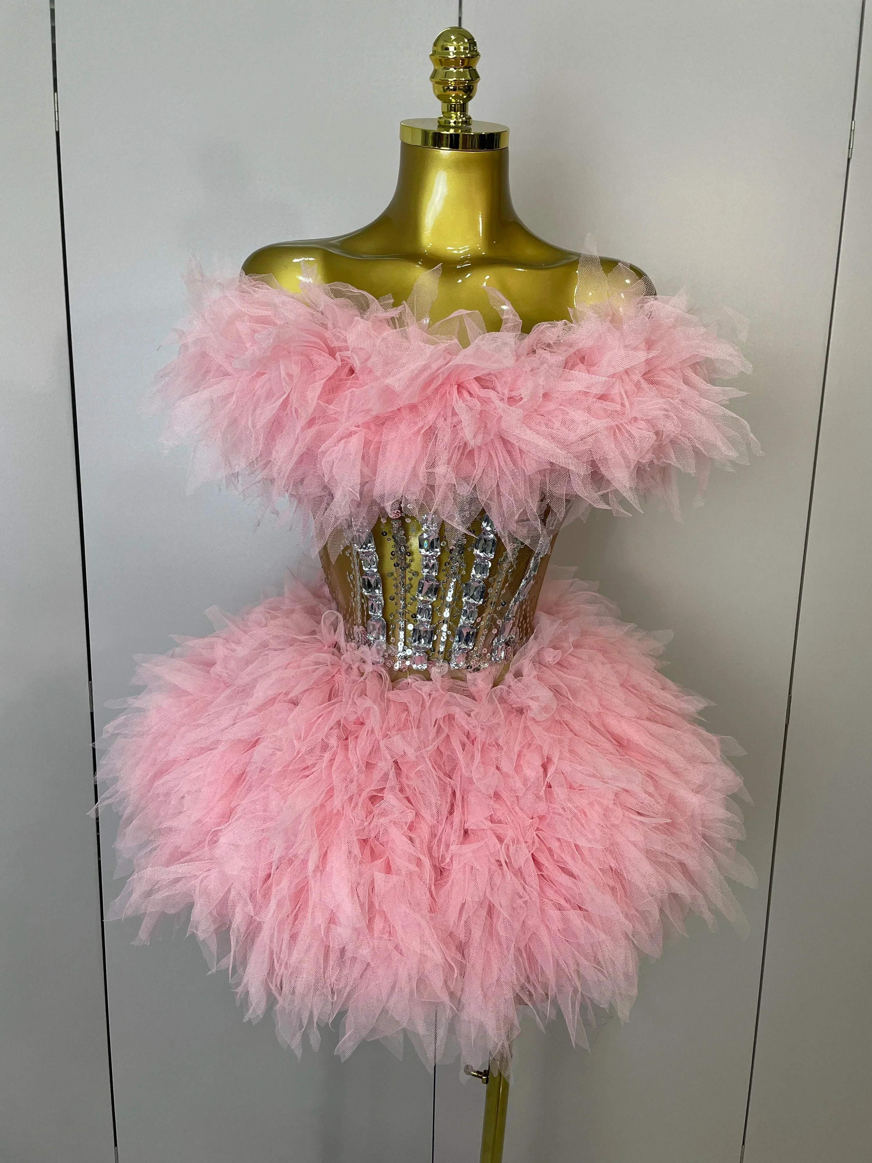 Women Sexy Backless Strap Mesh Fluffy Skirt 2 Pieces Diamond Sequins Stage Performance Costume Birthday Party Shooting Dress - Image 5