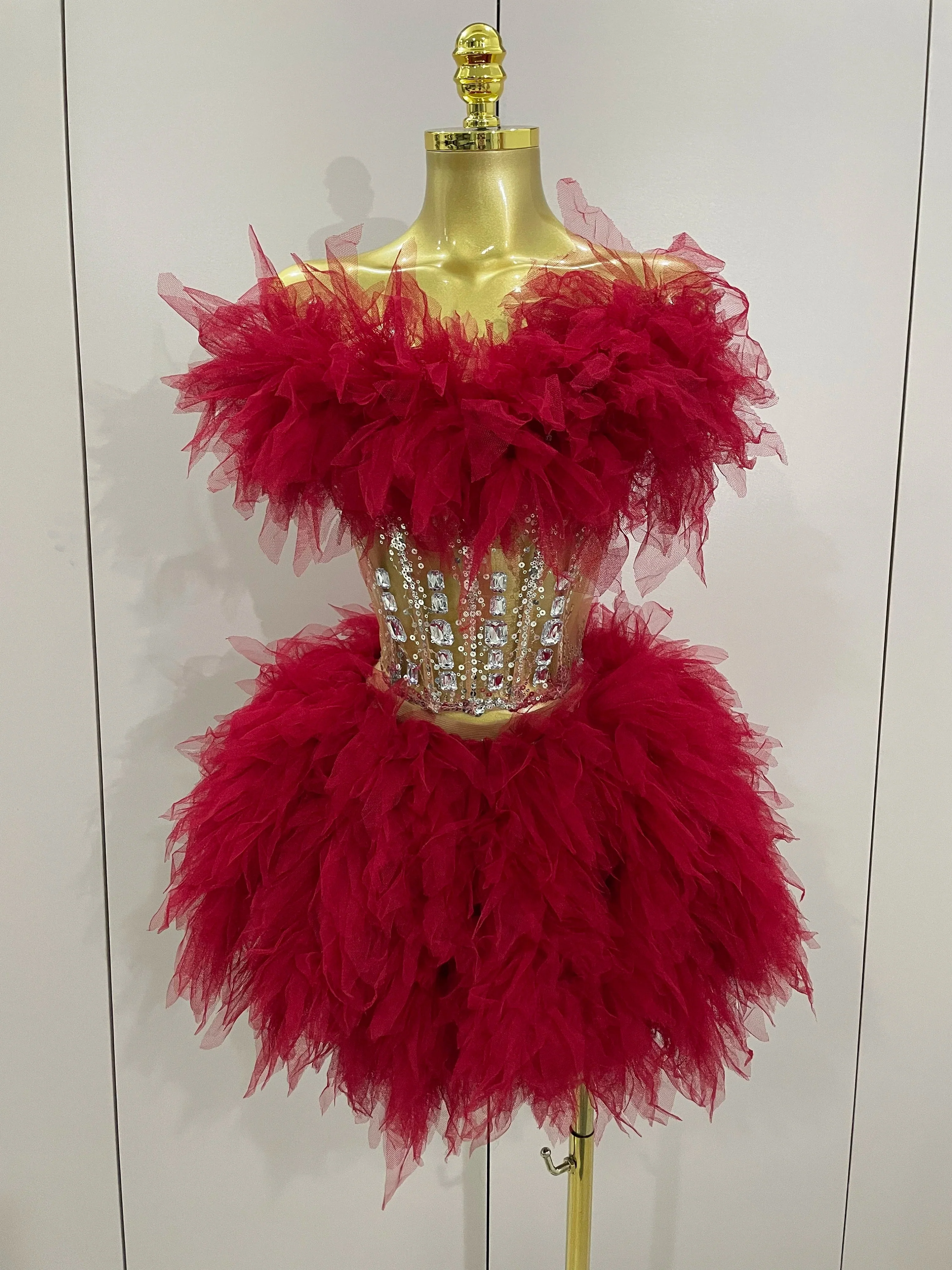 Women Sexy Backless Strap Mesh Fluffy Skirt 2 Pieces Diamond Sequins Stage Performance Costume Birthday Party Shooting Dress - Image 6