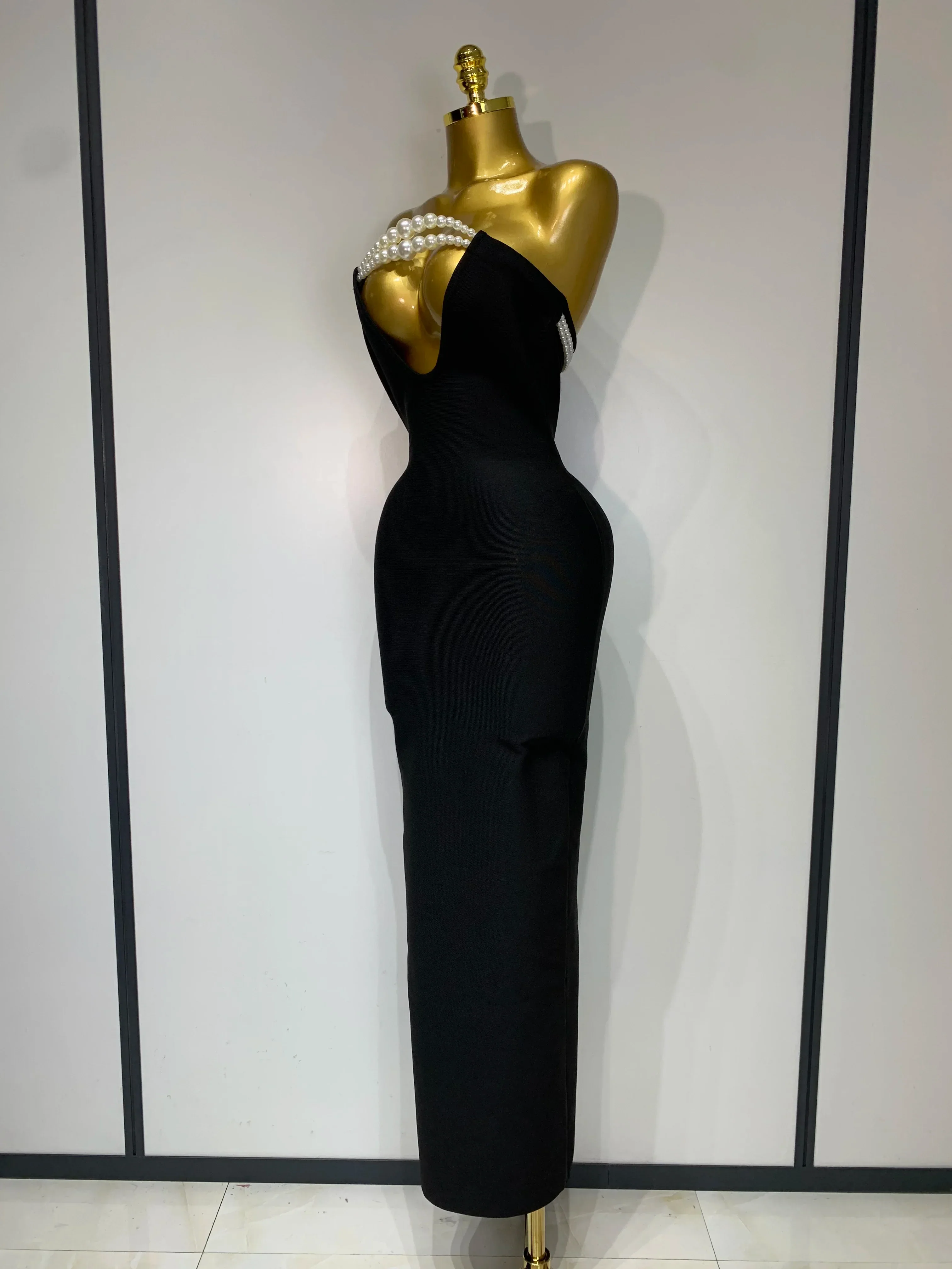 Women Sexy Backless Strapless Black Beading Long Bandage Bodycon Dress Celebrity Elegant Evening Luxury Birthday Dresses - Image 2