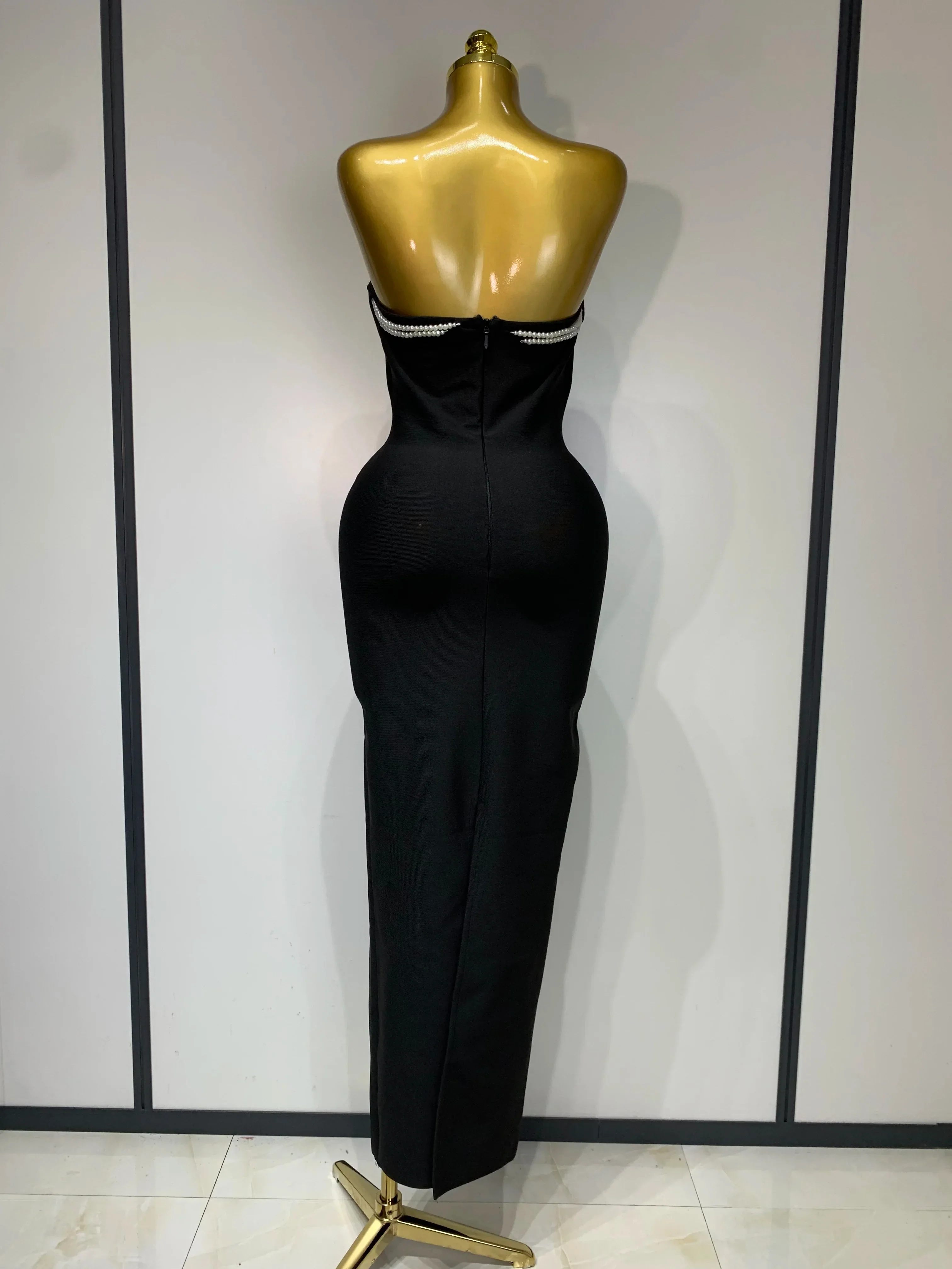 Women Sexy Backless Strapless Black Beading Long Bandage Bodycon Dress Celebrity Elegant Evening Luxury Birthday Dresses - Image 4