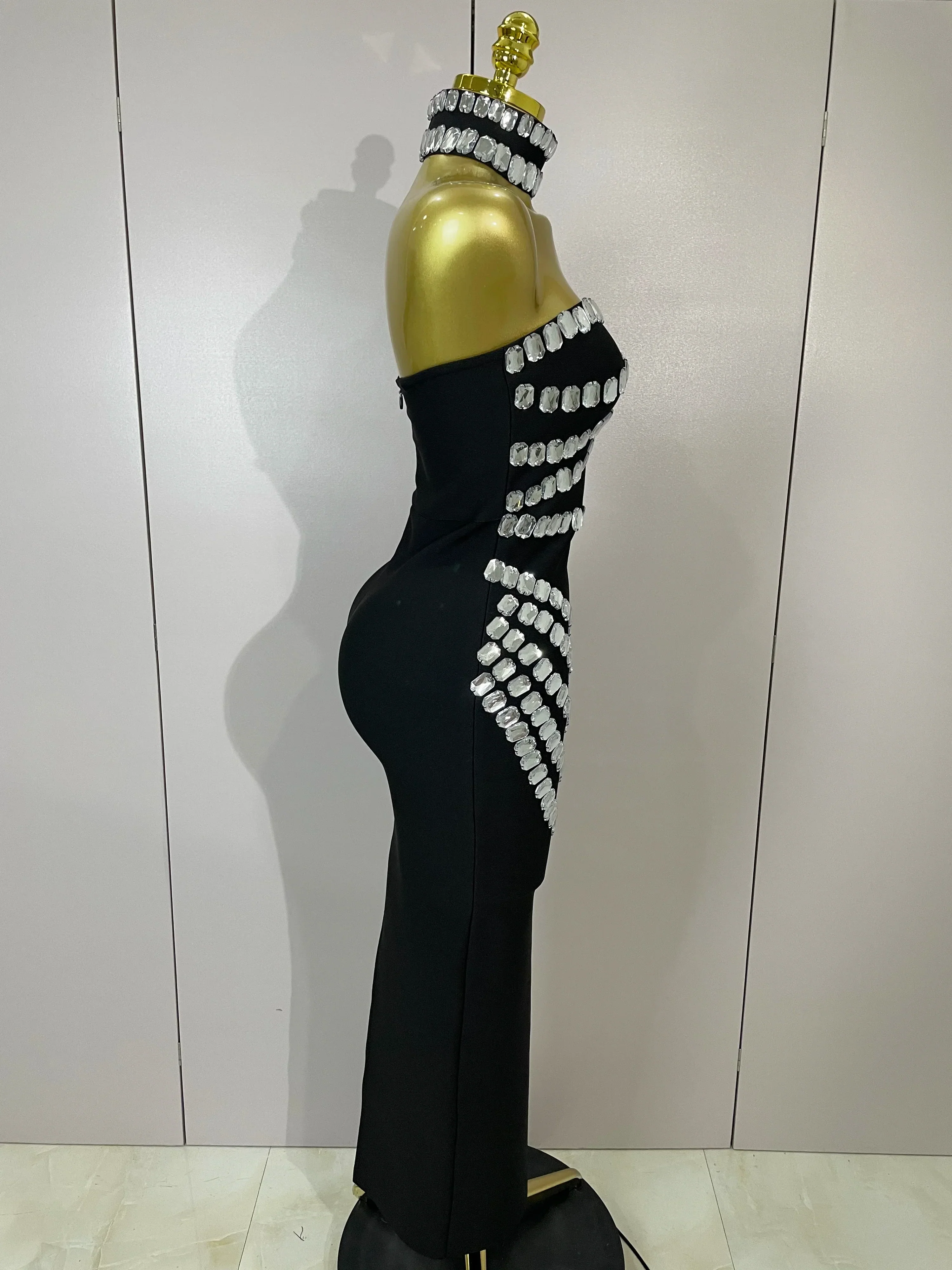 Women Sexy Backless Strapless Black Beading Long Bandage Bodycon Dress  Celebrity Elegant Evening Luxury Birthday Dresses - Image 4