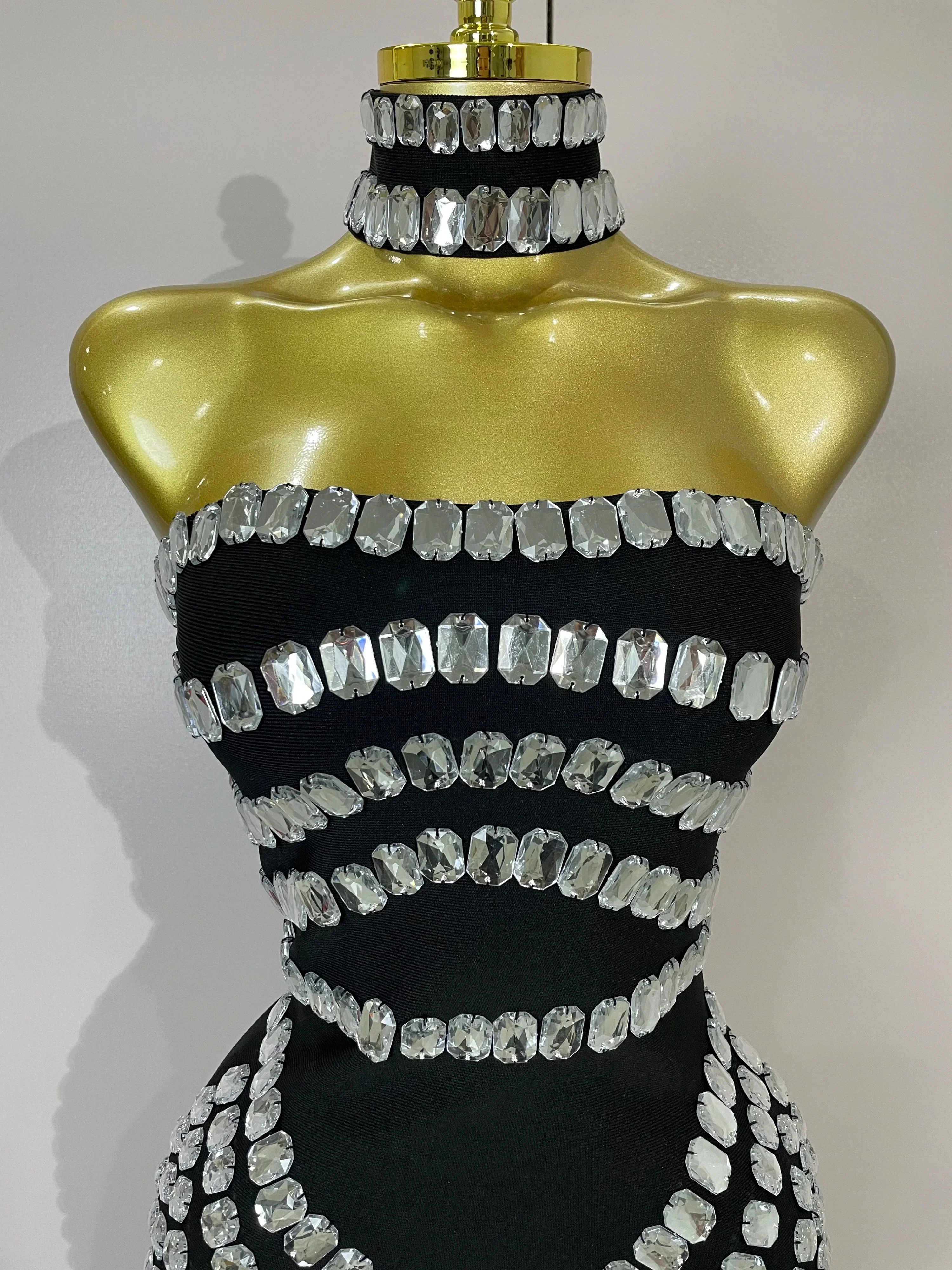 Women Sexy Backless Strapless Black Beading Long Bandage Bodycon Dress  Celebrity Elegant Evening Luxury Birthday Dresses - Image 5
