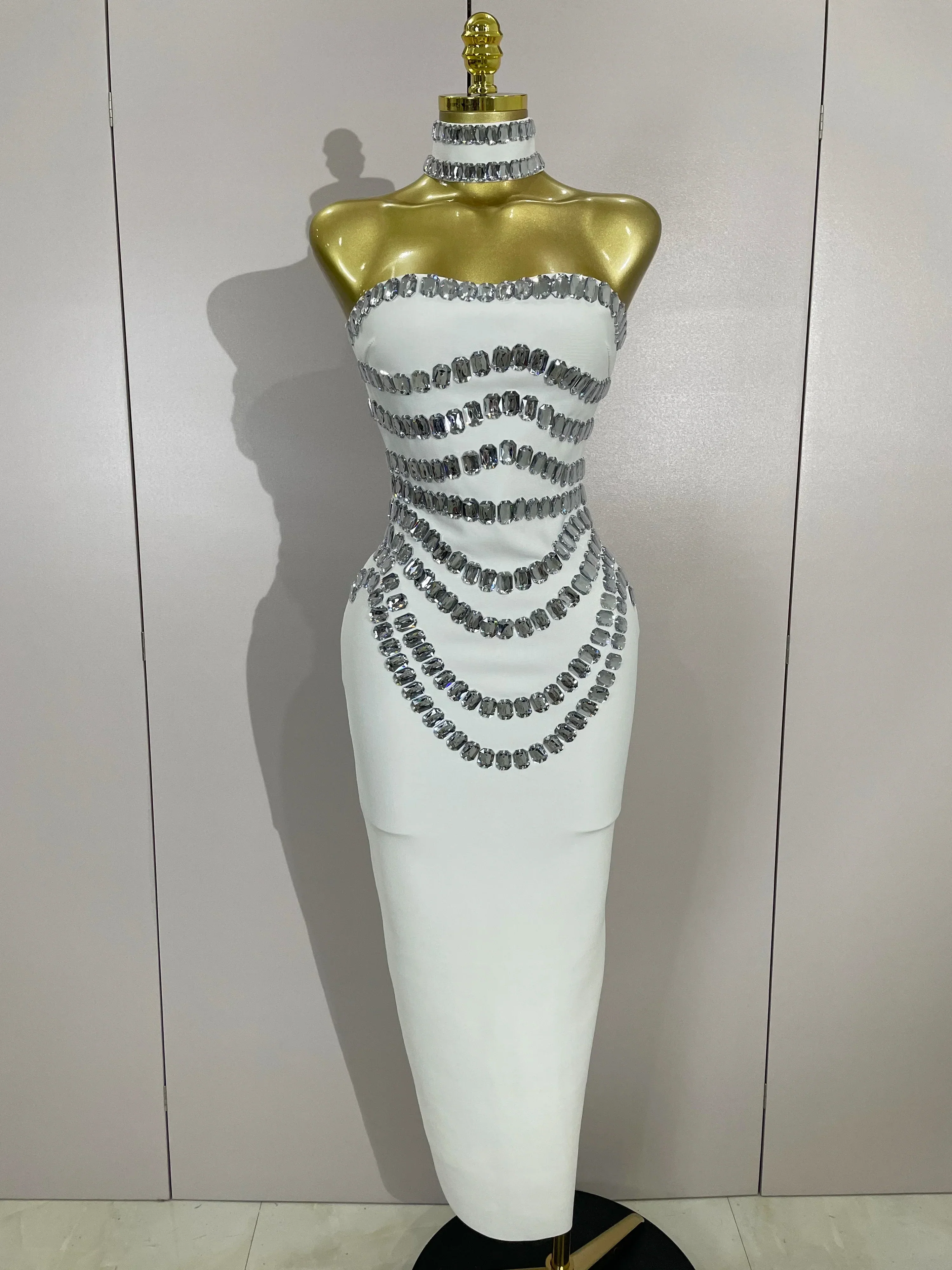 Women Sexy Backless Strapless Black Beading Long Bandage Bodycon Dress  Celebrity Elegant Evening Luxury Birthday Dresses - Image 7