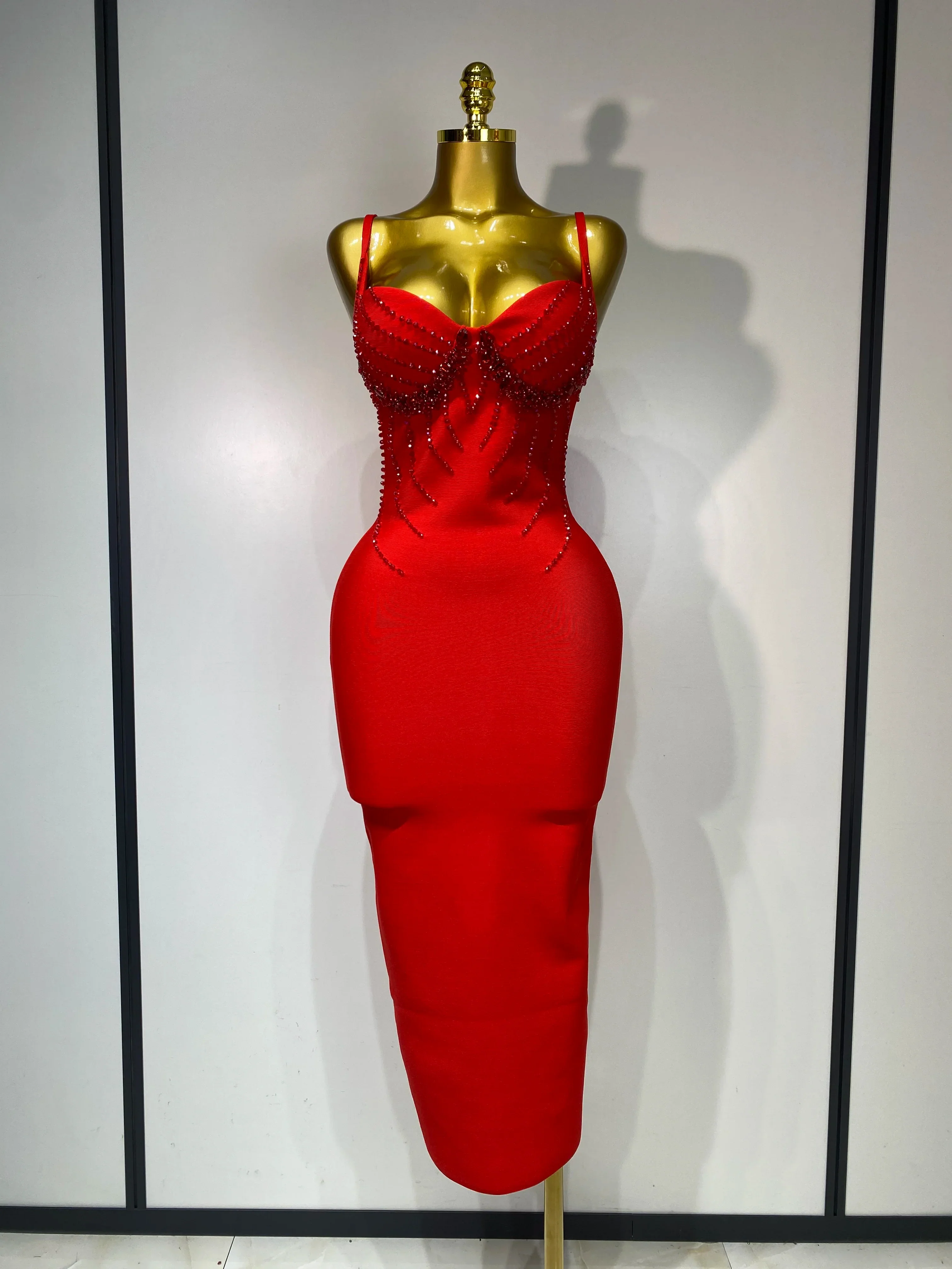 Women Sexy Beading Spaghetti Strap Bodycon Bandage Dress Club Party Luxury Birthday Celebrity Elegant Dresses Wedding Guest Gown - Image 7