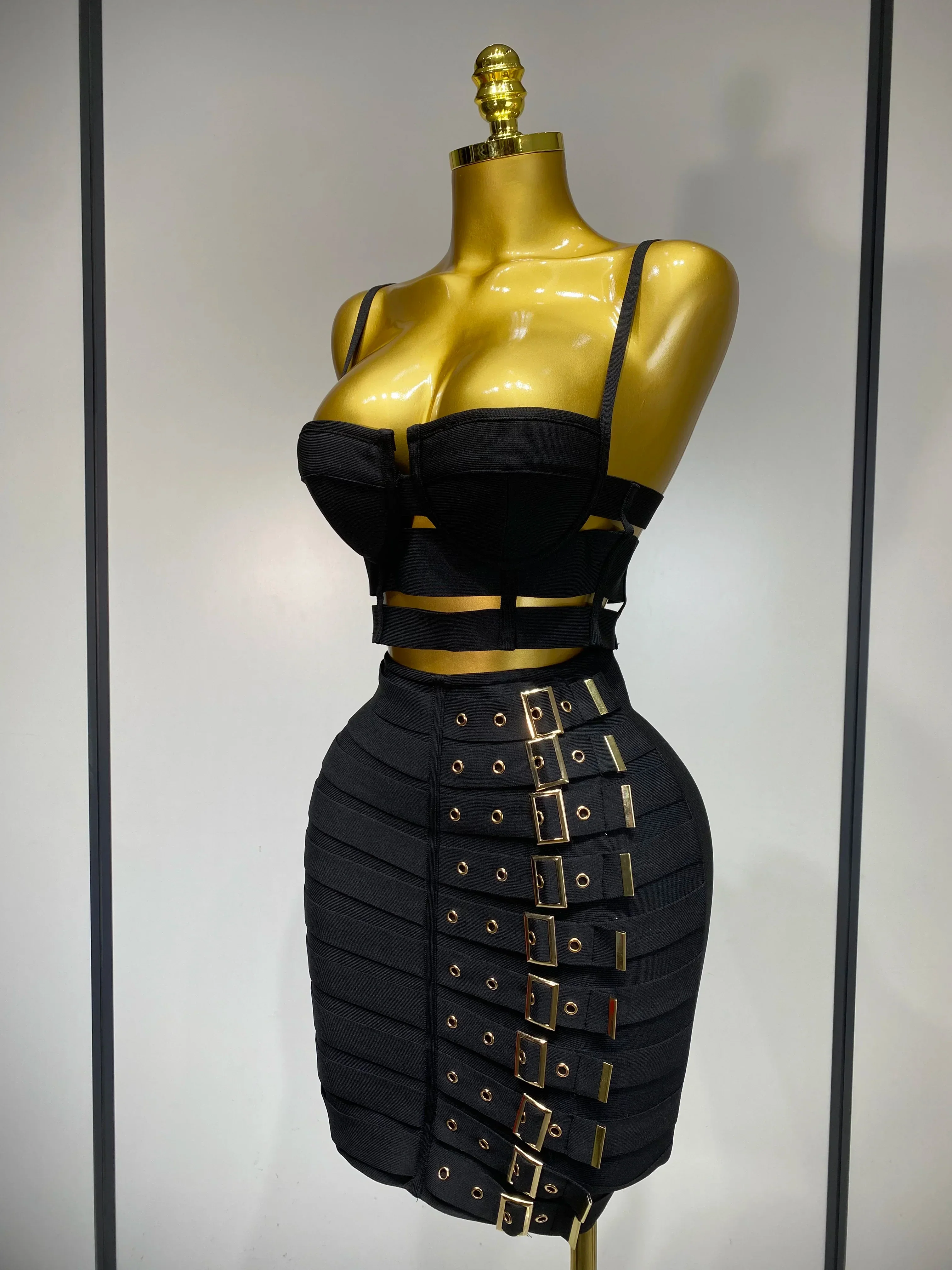 Women Sexy Black Cut Out Bodycon Bandage Skirt Two Piece Set  Celebrity High Streeet Evening Birthday Club Party Outfits - Image 2