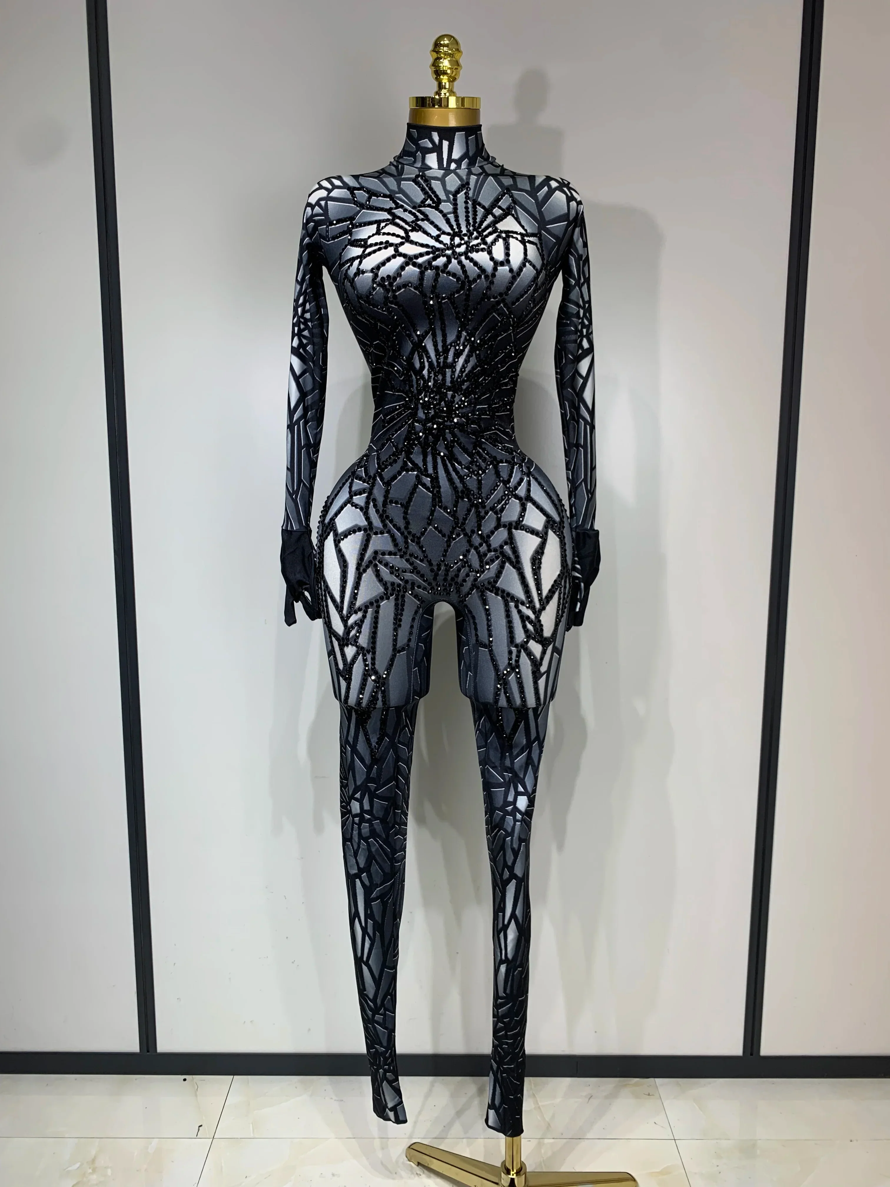Women Sexy Black Rhinestone Stretch Bodycon Jumpsuit Club Evening Party Birthday Wear Singer Dancer Stage Perform Costume