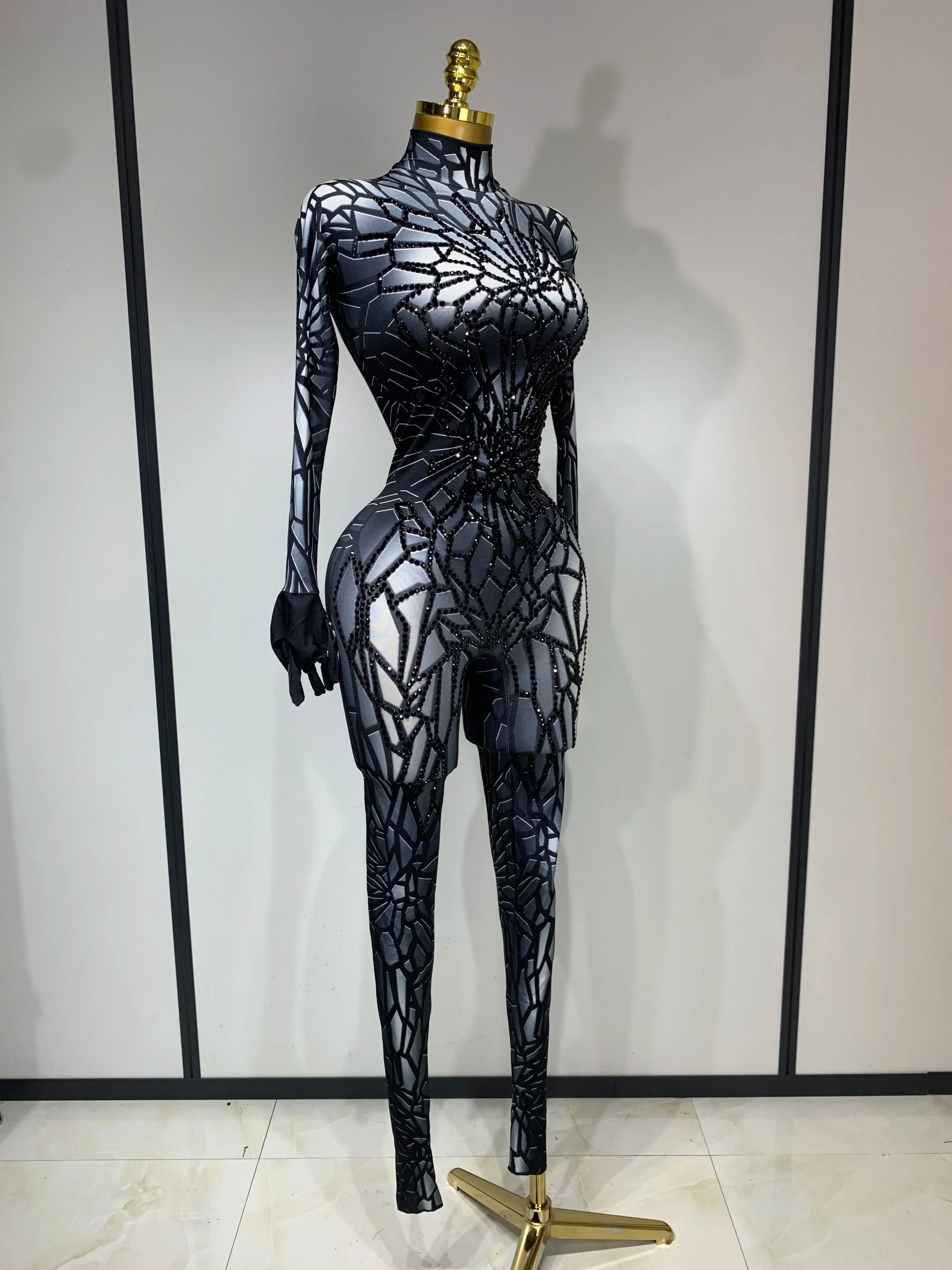 Women Sexy Black Rhinestone Stretch Bodycon Jumpsuit Club Evening Party Birthday Wear Singer Dancer Stage Perform Costume - Image 2
