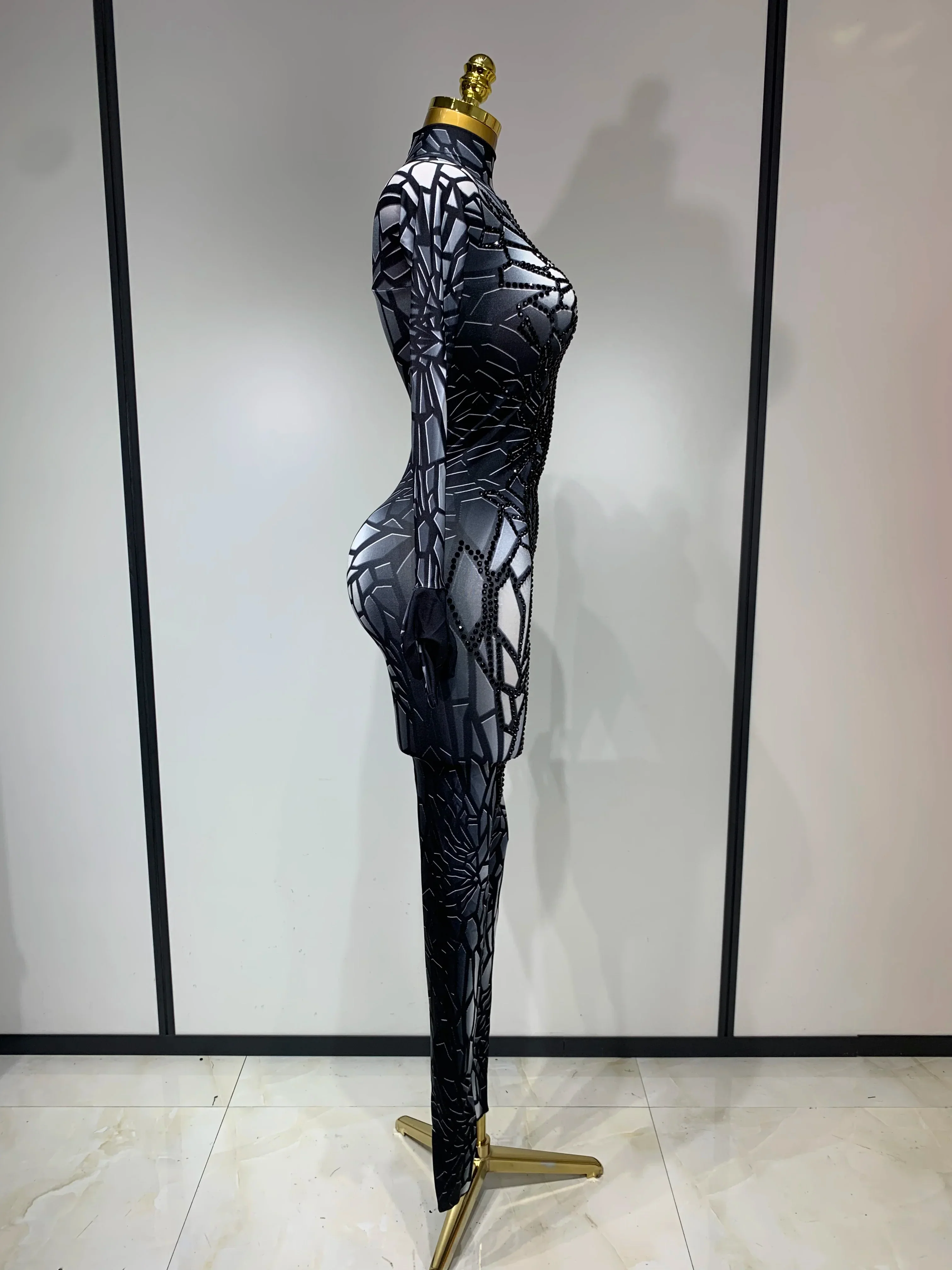Women Sexy Black Rhinestone Stretch Bodycon Jumpsuit Club Evening Party Birthday Wear Singer Dancer Stage Perform Costume - Image 3