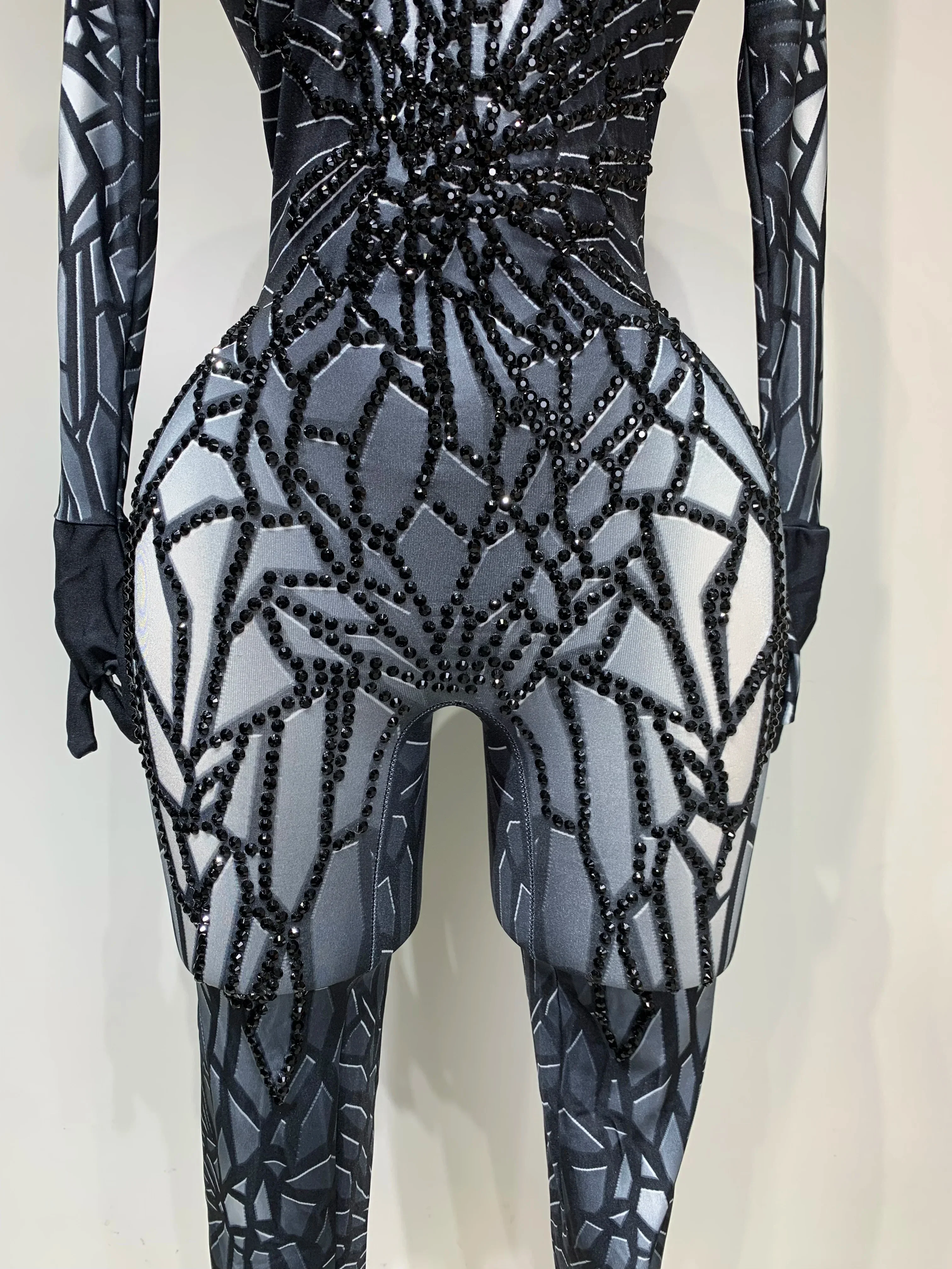 Women Sexy Black Rhinestone Stretch Bodycon Jumpsuit Club Evening Party Birthday Wear Singer Dancer Stage Perform Costume - Image 6
