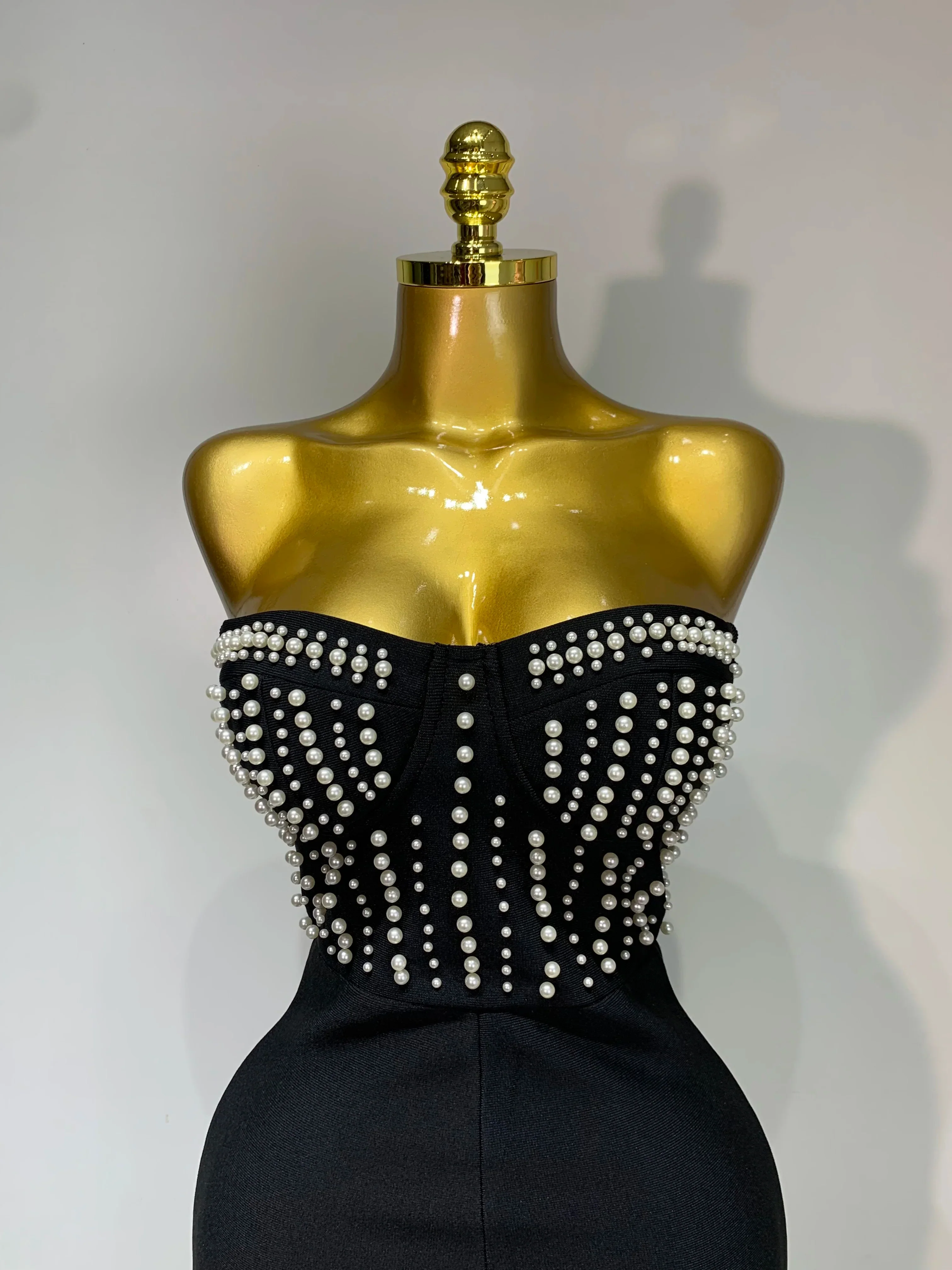Women Sexy Black Sleeveless Backless Pearls Beaded StraplessBeading Bodycon Bandage Jumpsuit Evening Party Birthday Club Outfit - Image 5