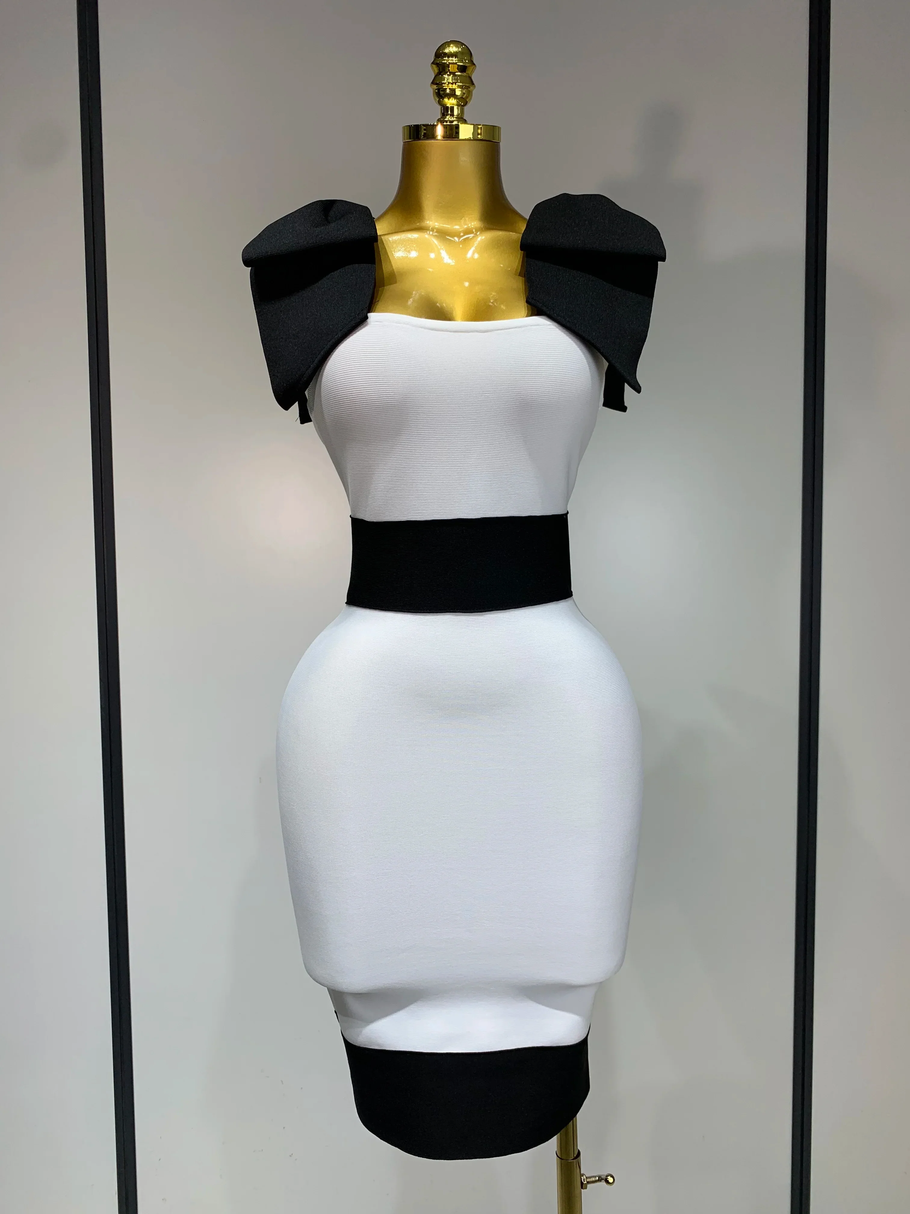 Women Sexy Bow Tie Black White Patchwork Bodycon Bandage Dress Celebrity  Elegant Evening Club Party Birthday Dresses