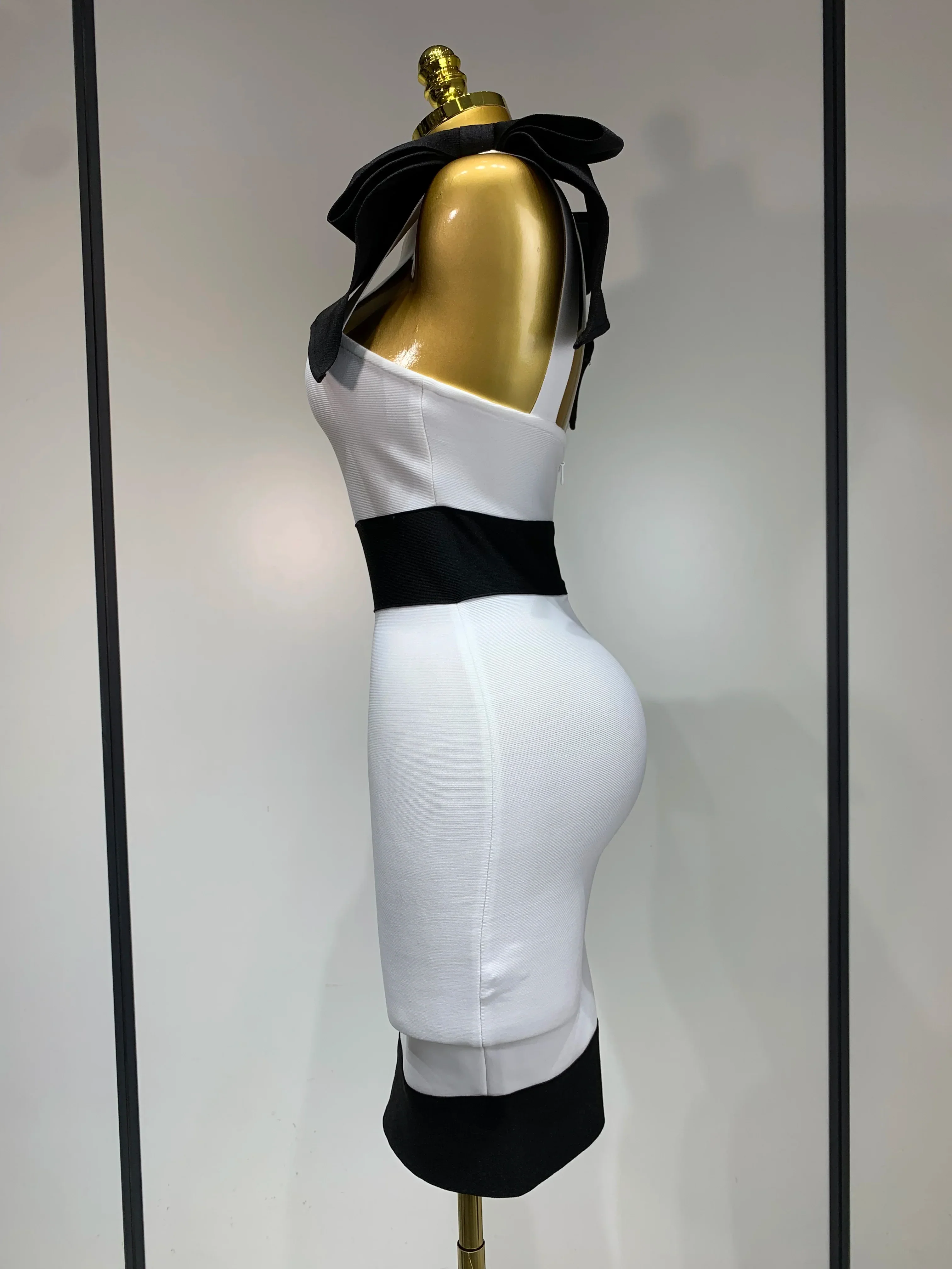 Women Sexy Bow Tie Black White Patchwork Bodycon Bandage Dress Celebrity  Elegant Evening Club Party Birthday Dresses - Image 3