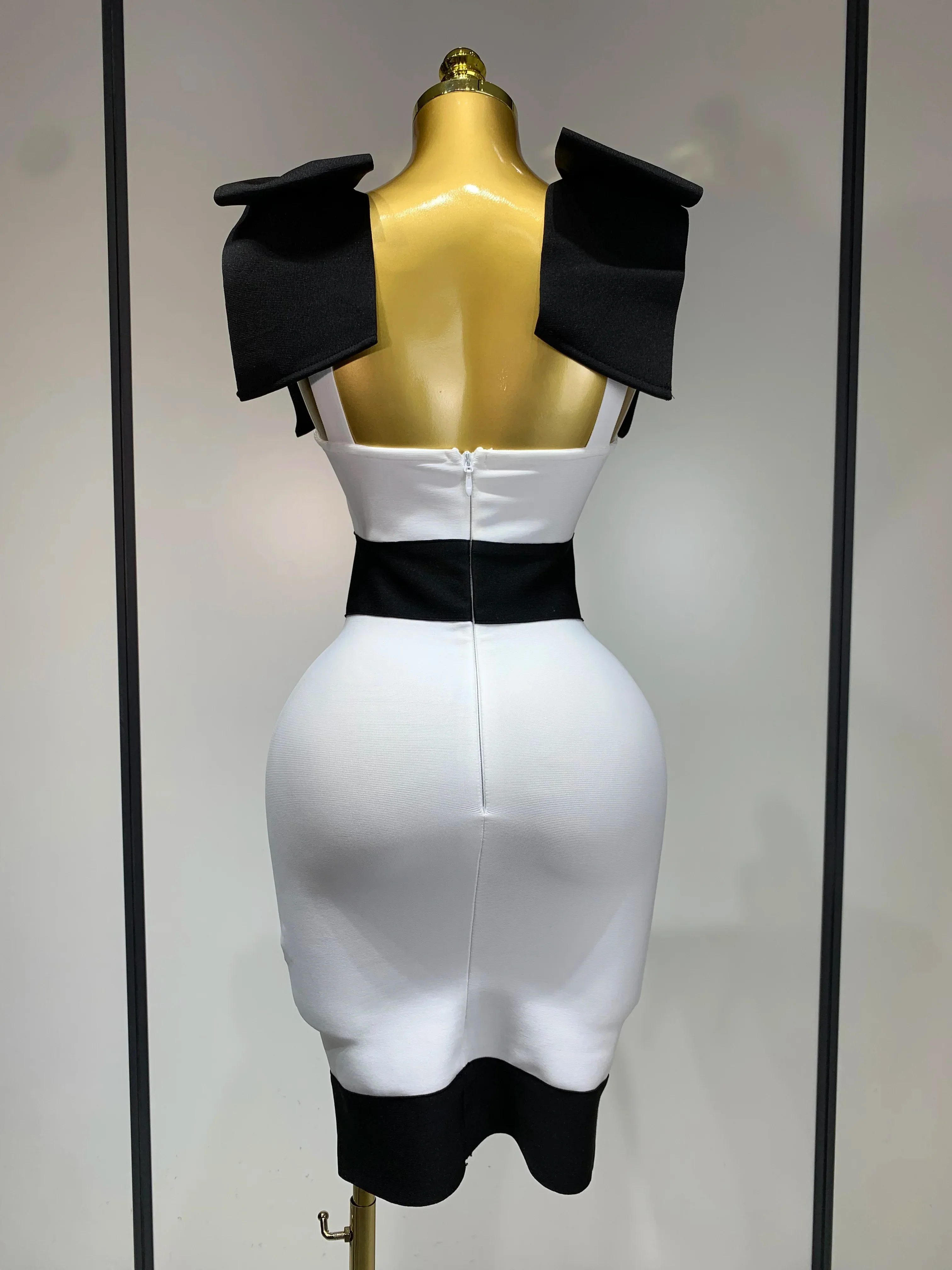 Women Sexy Bow Tie Black White Patchwork Bodycon Bandage Dress Celebrity  Elegant Evening Club Party Birthday Dresses - Image 4