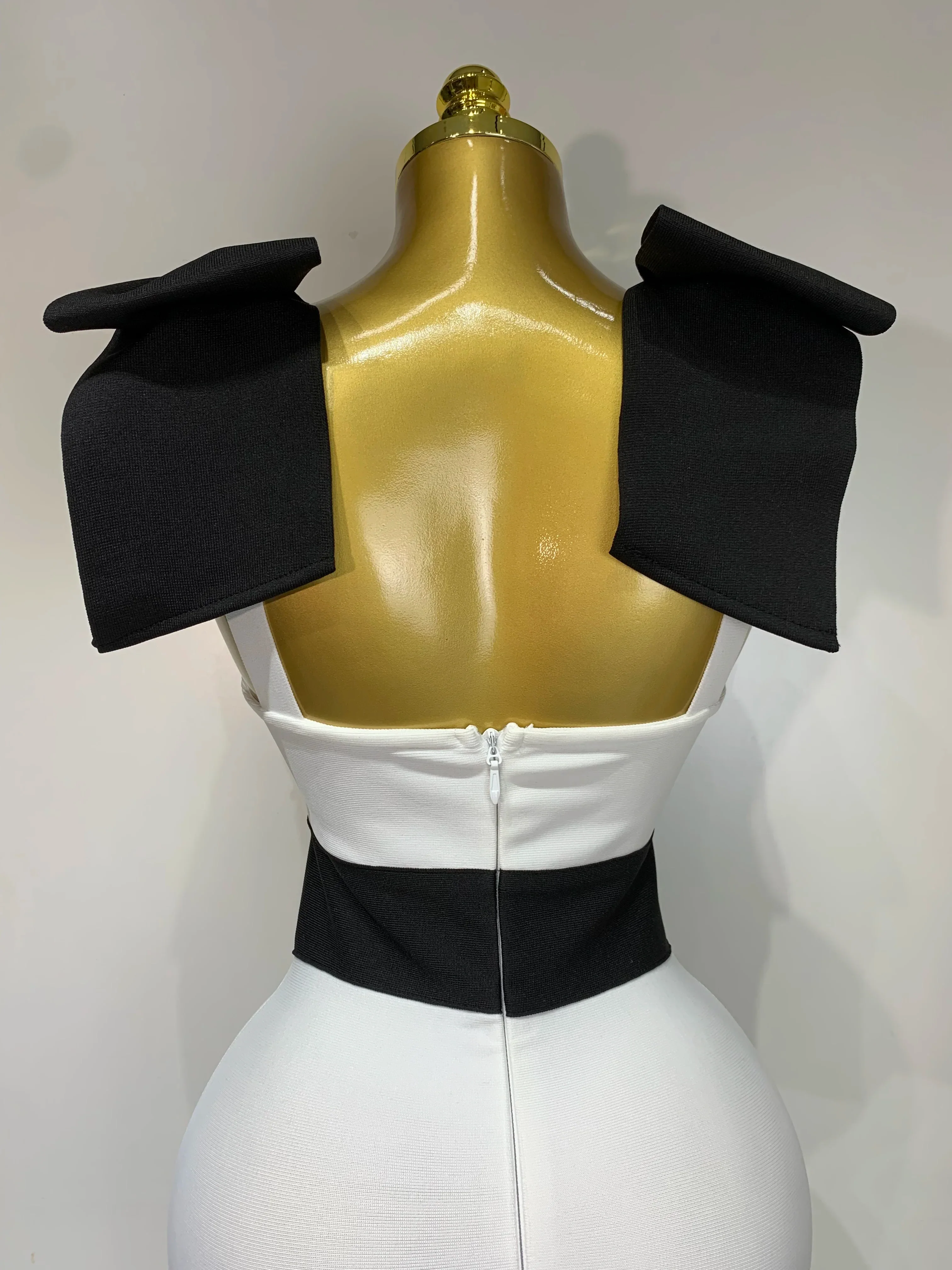 Women Sexy Bow Tie Black White Patchwork Bodycon Bandage Dress Celebrity  Elegant Evening Club Party Birthday Dresses - Image 6
