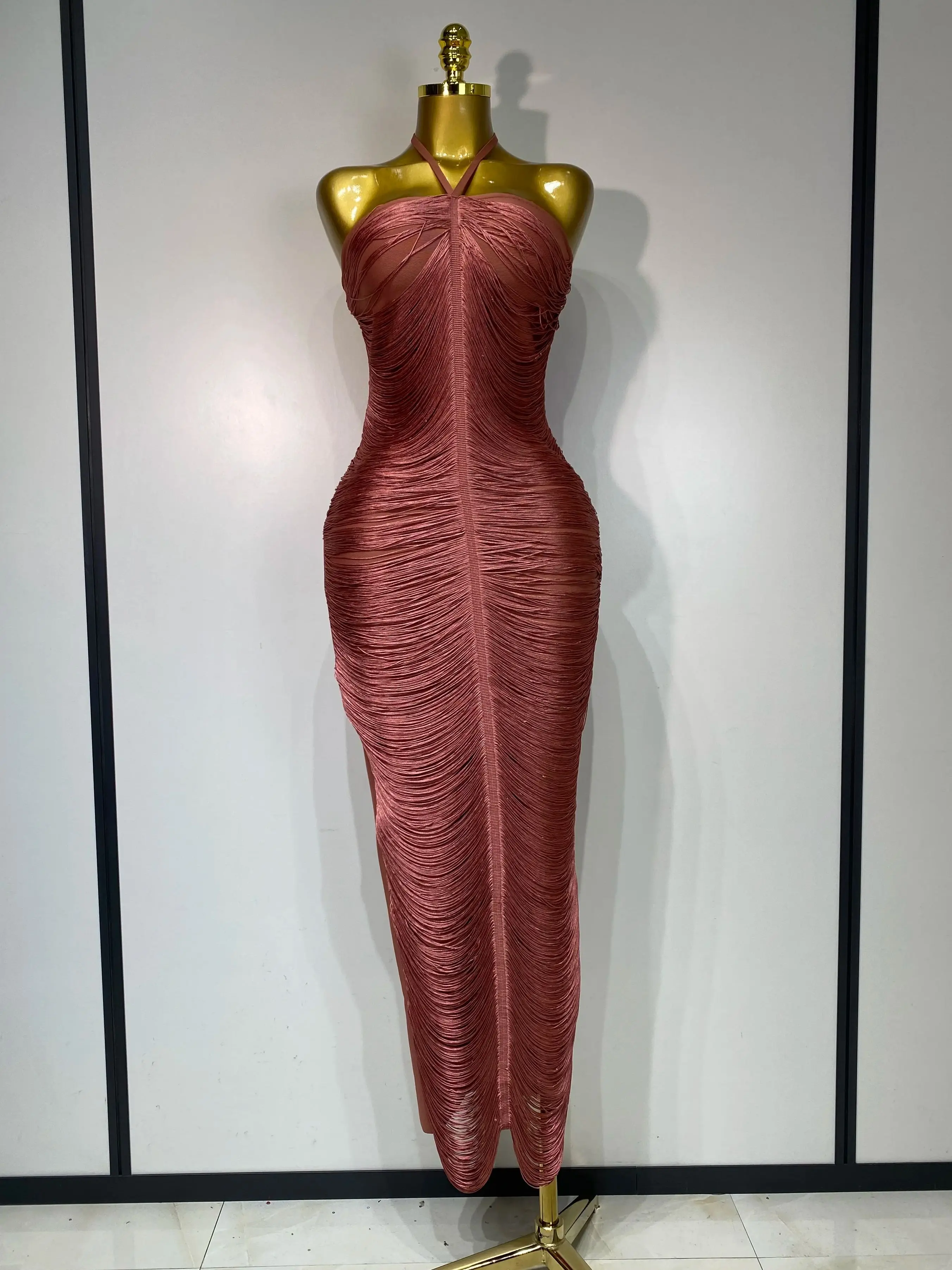 Women Sexy Celebrity Backless Halter Tassel Bodycon Bandage Dress Elegant Celebirty Evening Party Luxury Birthday Dress