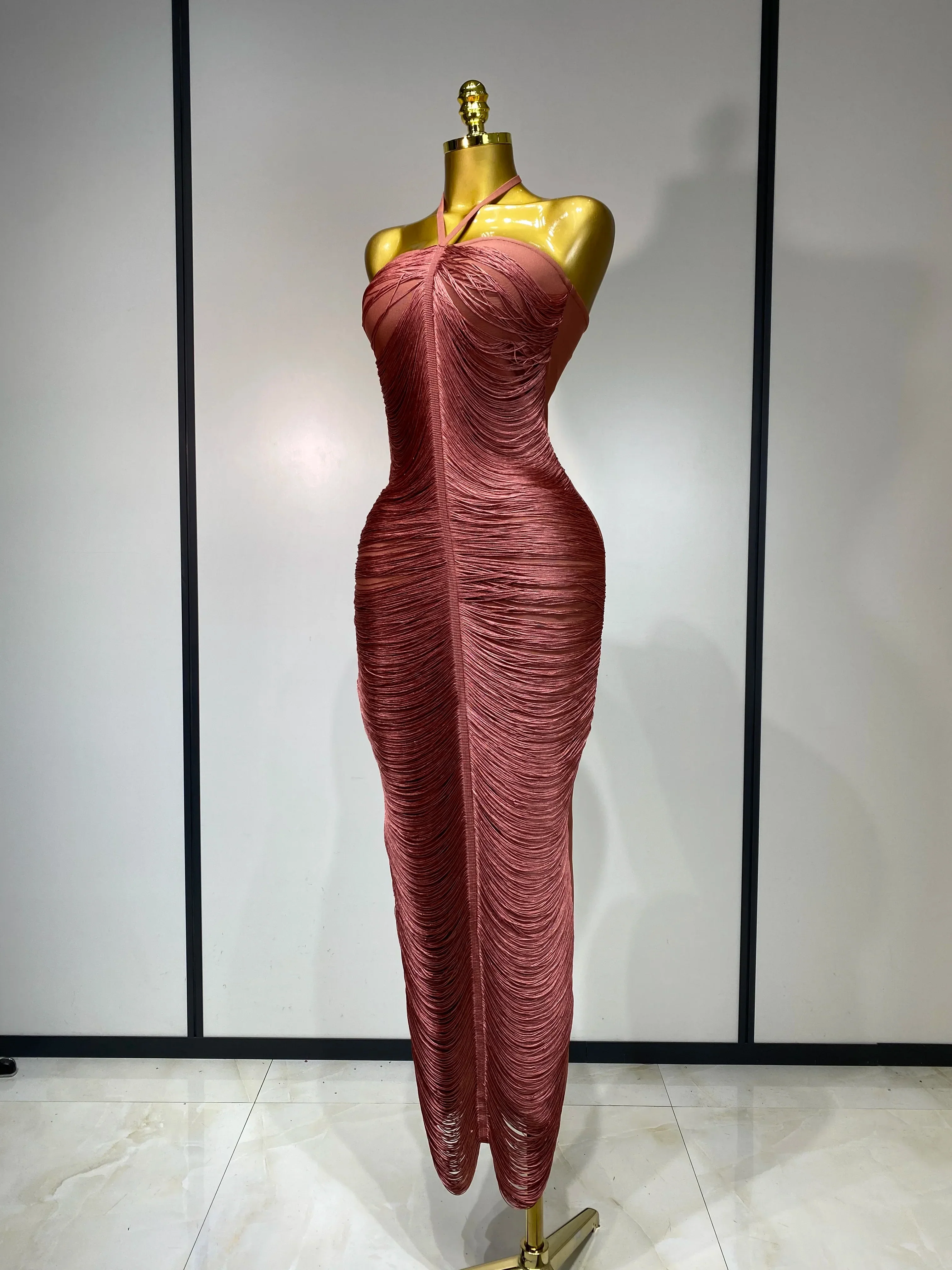 Women Sexy Celebrity Backless Halter Tassel Bodycon Bandage Dress Elegant Celebirty Evening Party Luxury Birthday Dress - Image 2