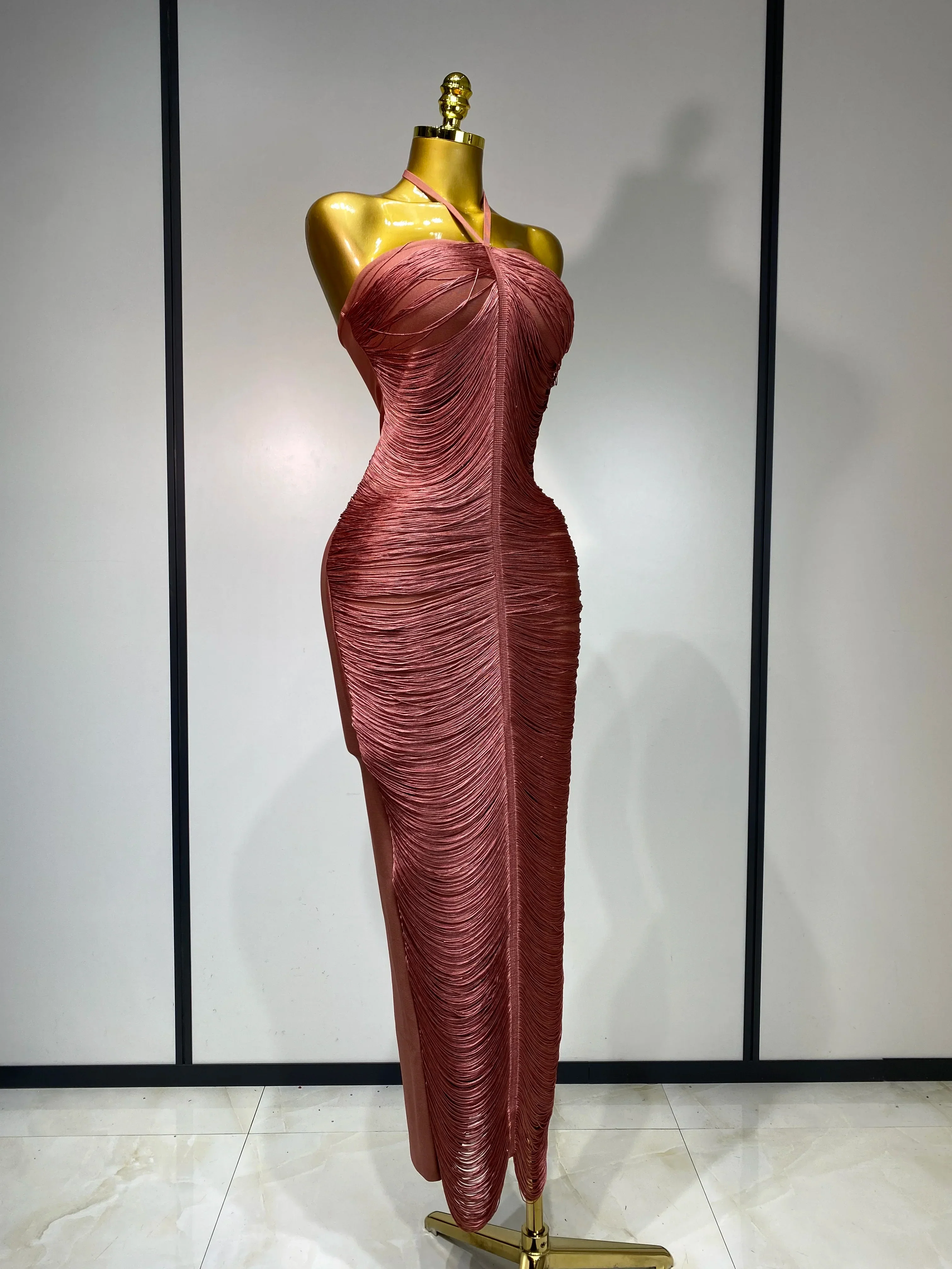 Women Sexy Celebrity Backless Halter Tassel Bodycon Bandage Dress Elegant Celebirty Evening Party Luxury Birthday Dress - Image 3