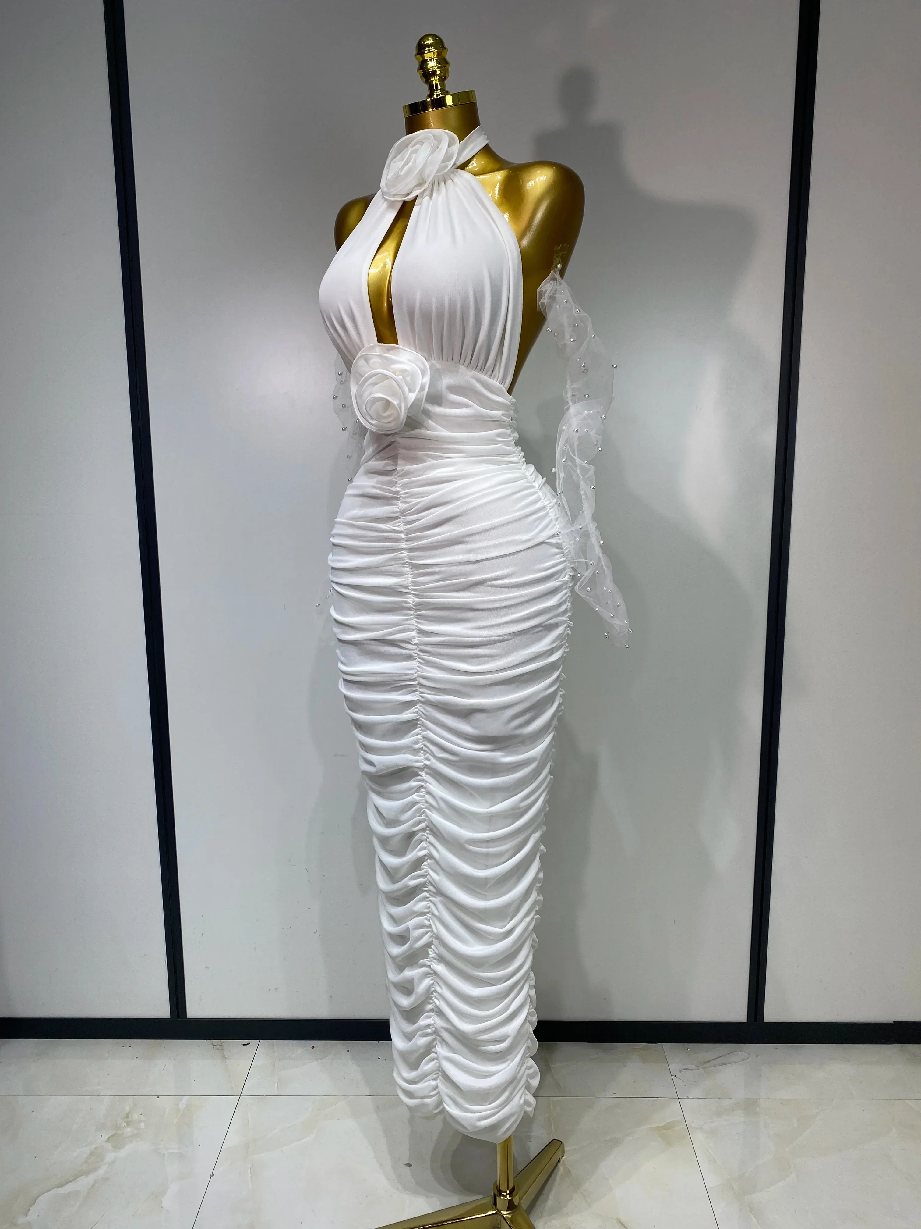 Women Sexy Cut Out Flower Pleated Bodycon Long Dress Celebrity White Elegant Evening Party Cocktail Luxury Birthday Dress - Image 2