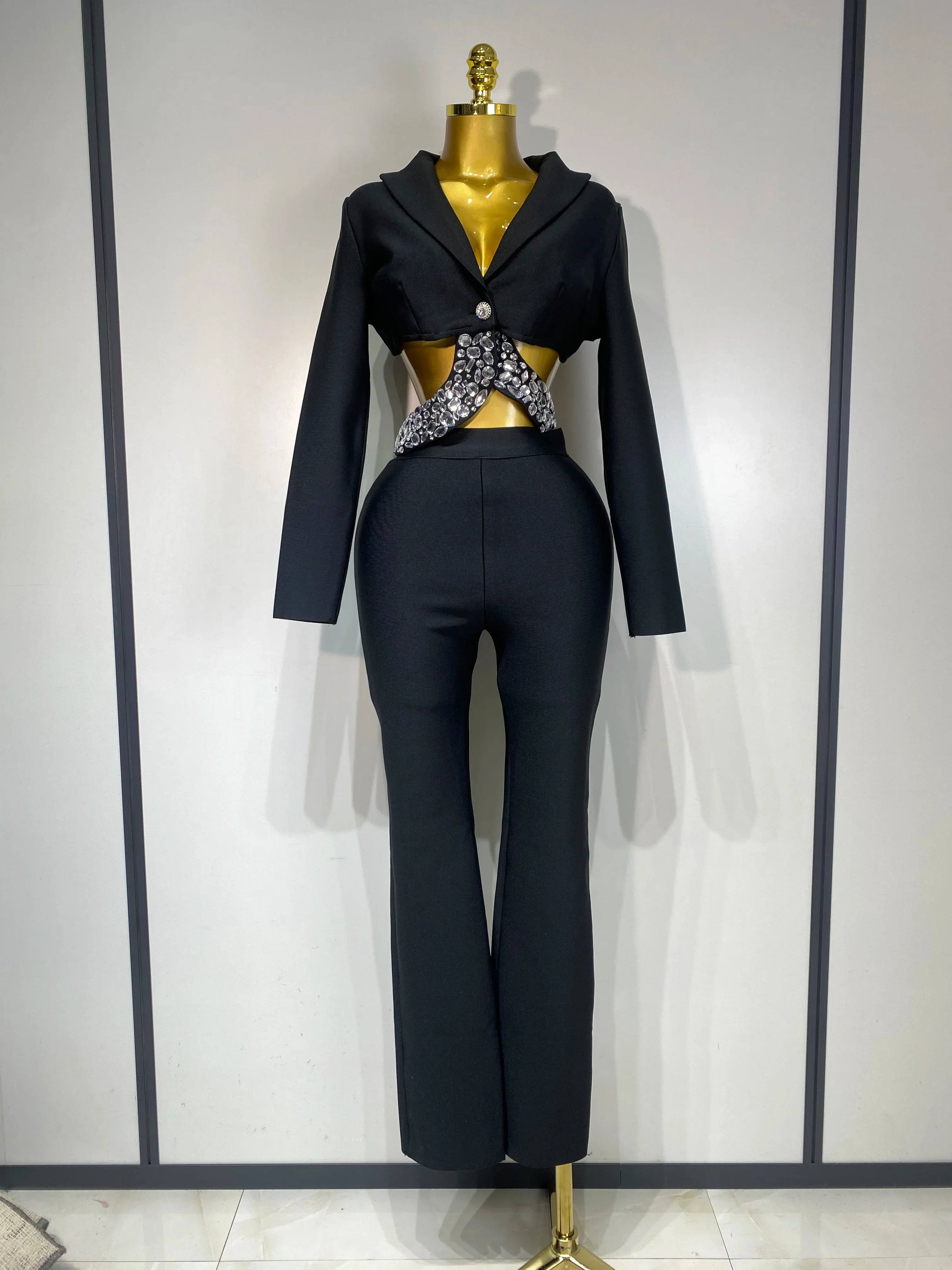 Women Sexy Cut Out Long Sleeve Beading Bodycon Two Pieces Pants Bandage Set Celebrity Designer Fashion Women Luxury Birthday Set