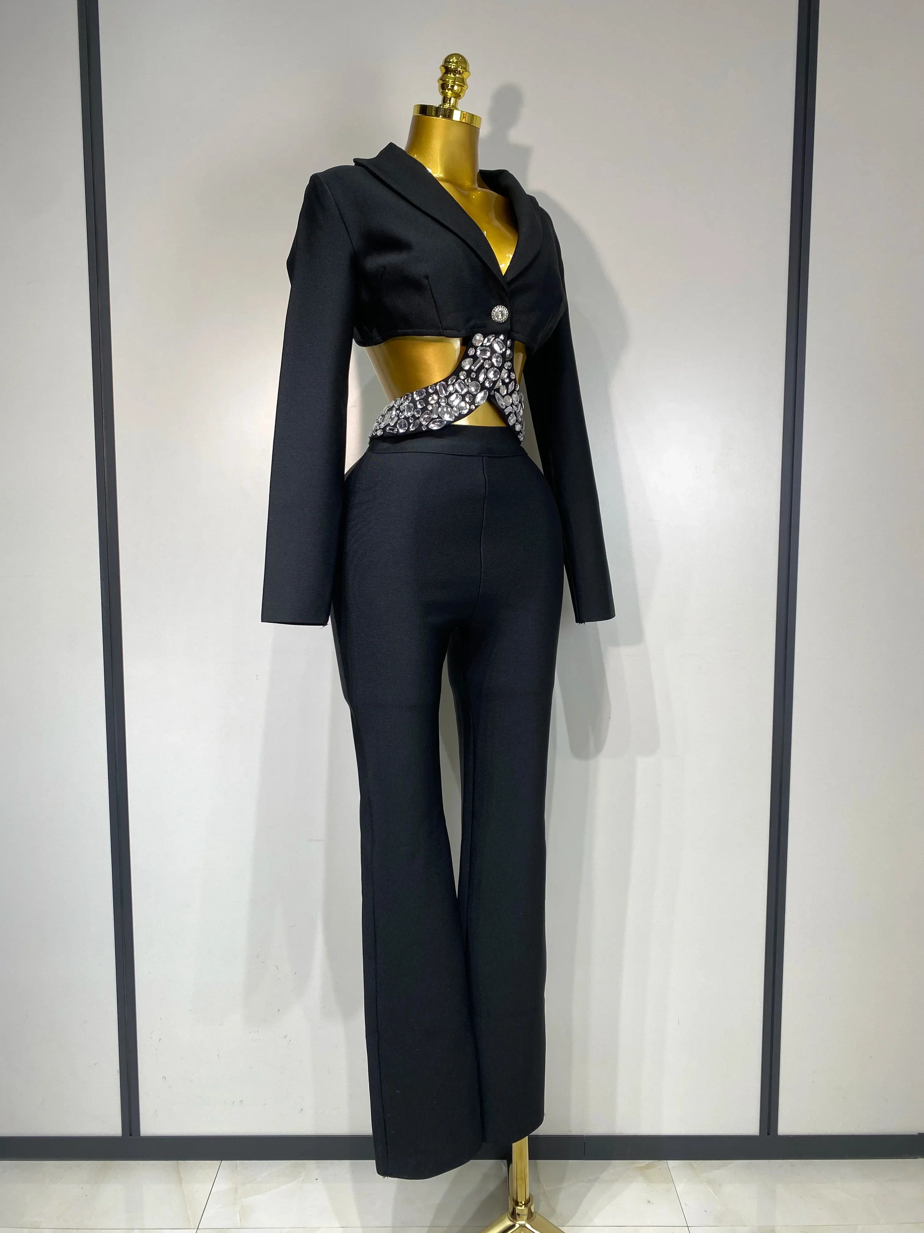Women Sexy Cut Out Long Sleeve Beading Bodycon Two Pieces Pants Bandage Set Celebrity Designer Fashion Women Luxury Birthday Set - Image 2