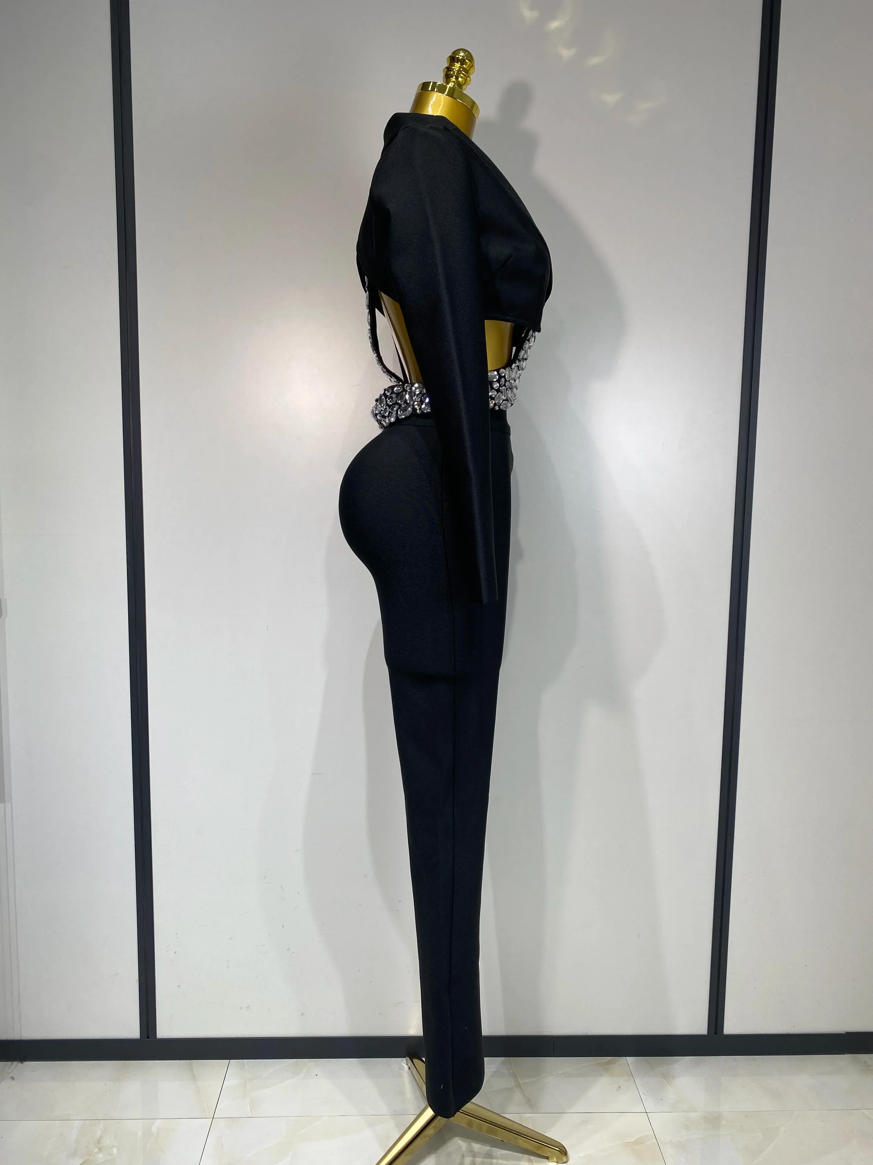 Women Sexy Cut Out Long Sleeve Beading Bodycon Two Pieces Pants Bandage Set Celebrity Designer Fashion Women Luxury Birthday Set - Image 3