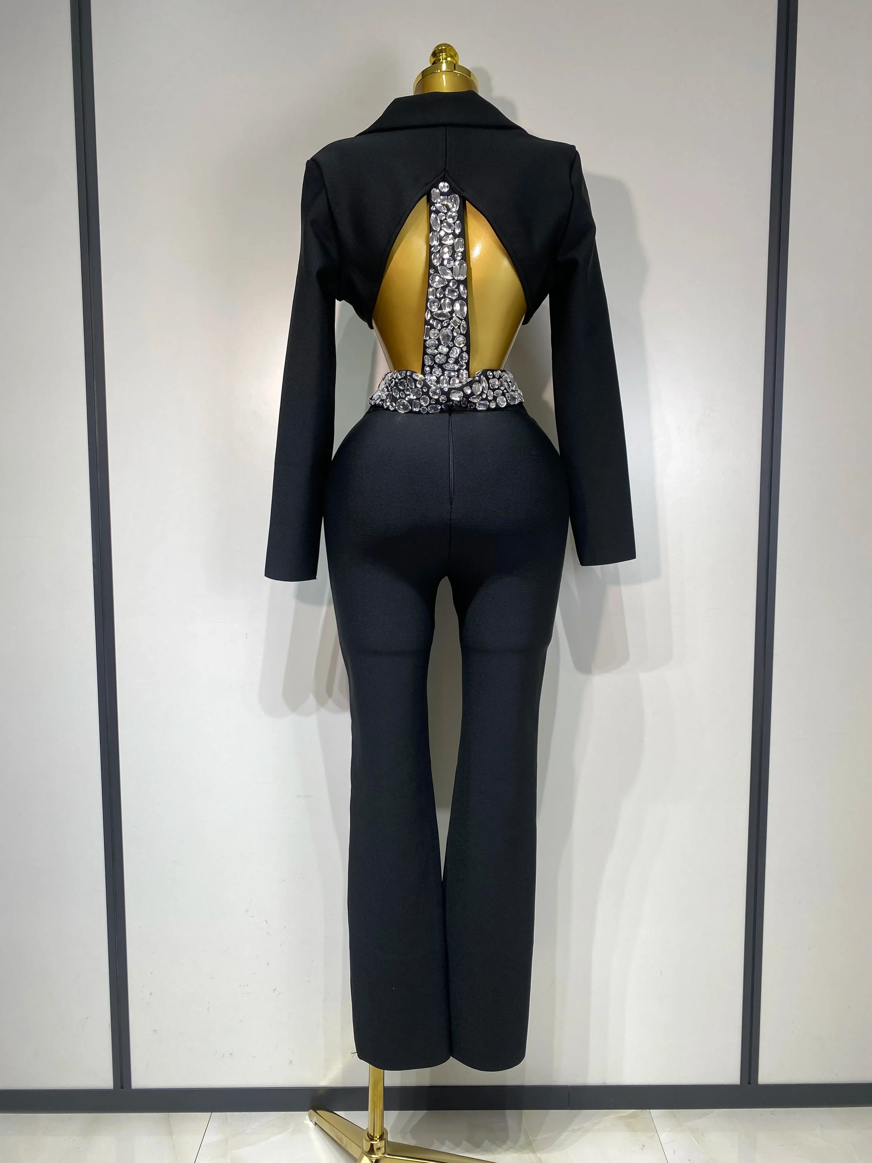 Women Sexy Cut Out Long Sleeve Beading Bodycon Two Pieces Pants Bandage Set Celebrity Designer Fashion Women Luxury Birthday Set - Image 4