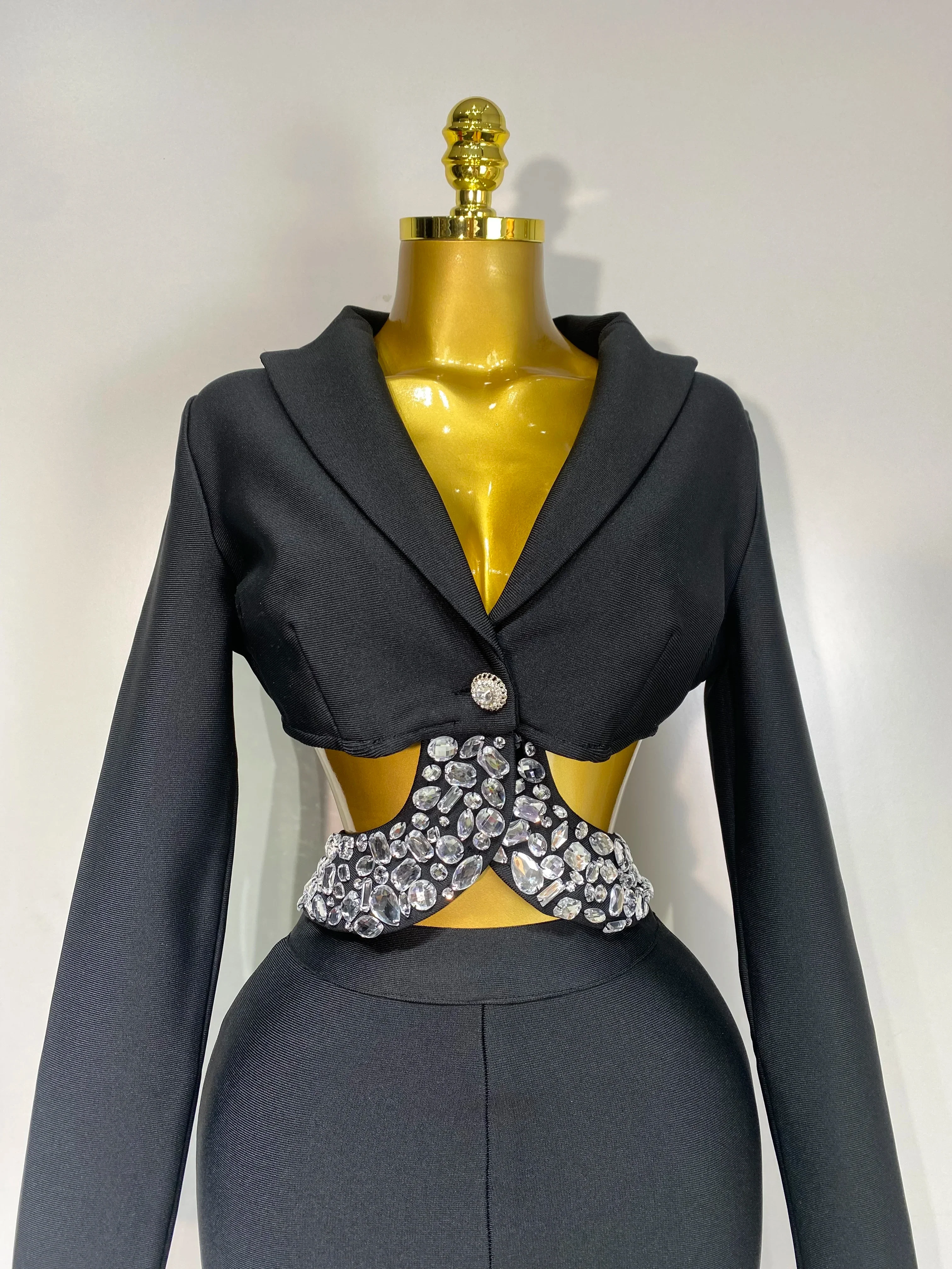 Women Sexy Cut Out Long Sleeve Beading Bodycon Two Pieces Pants Bandage Set Celebrity Designer Fashion Women Luxury Birthday Set - Image 5
