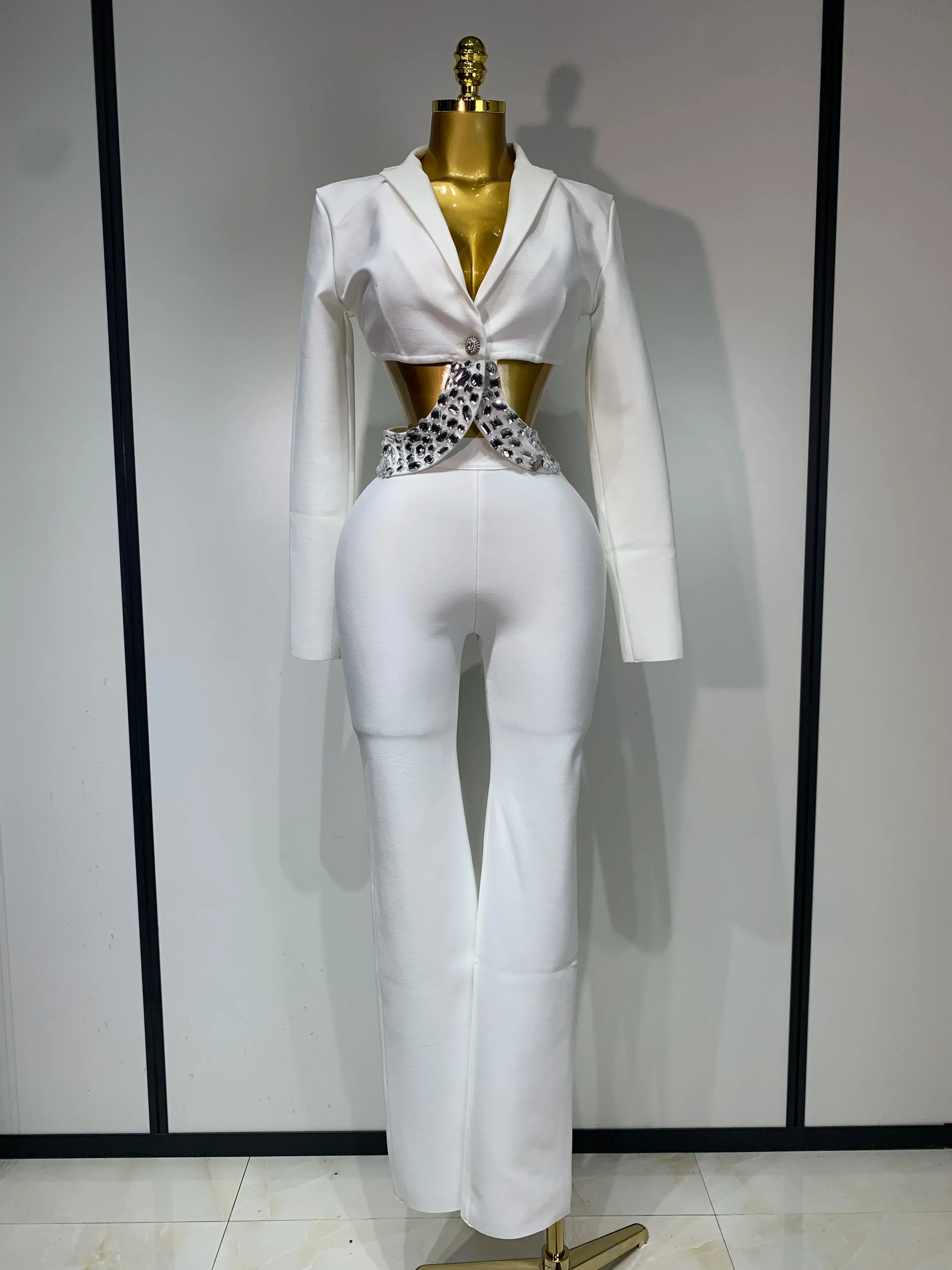 Women Sexy Cut Out Long Sleeve Beading Bodycon Two Pieces Pants Bandage Set Celebrity Designer Fashion Women Luxury Birthday Set - Image 7