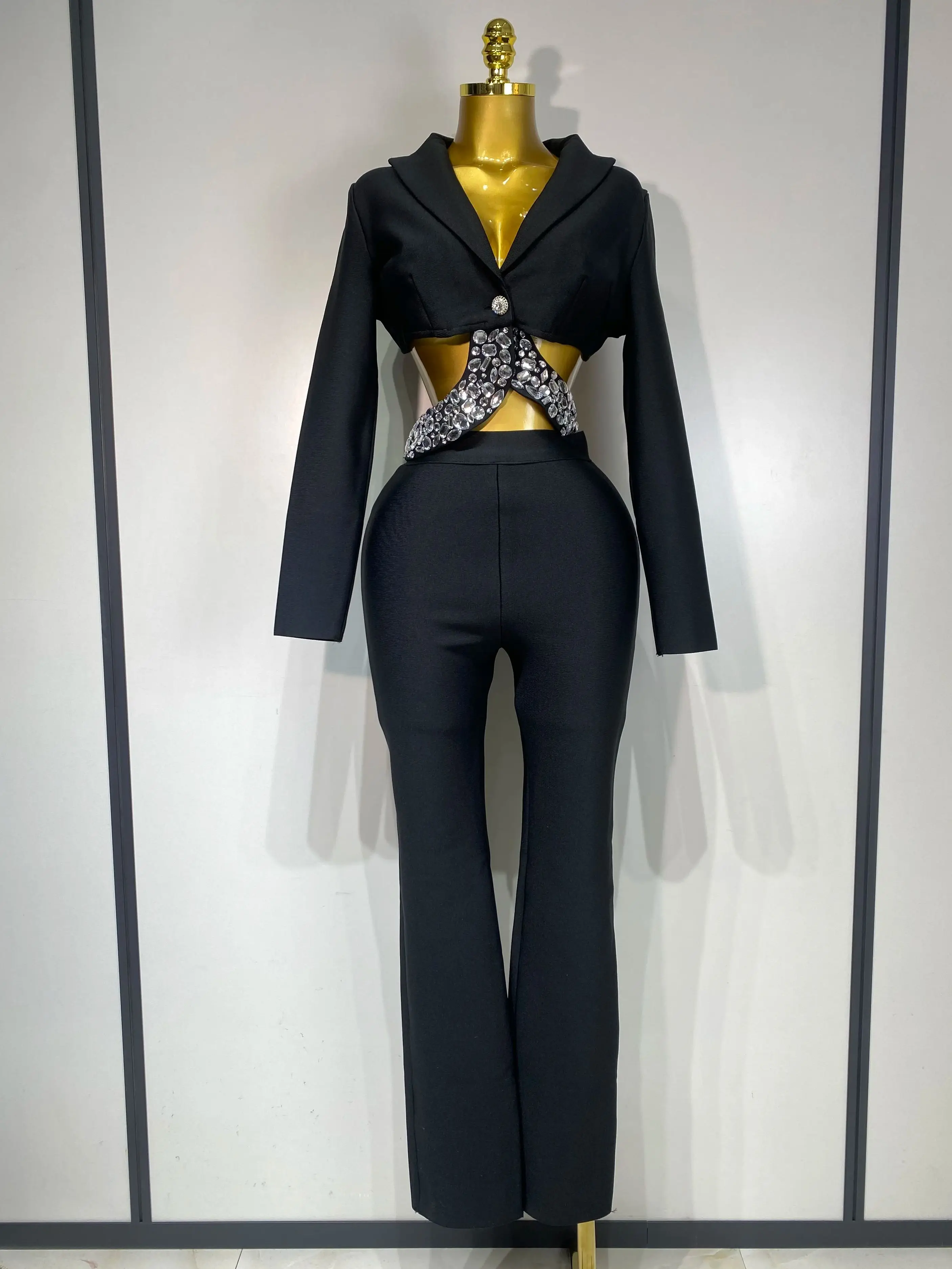 Women Sexy Cut Out Long Sleeve Beading Bodycon Two Pieces Pants Bandage Set Celebrity Designer Fashion Women Luxury Birthday Set - Image 8