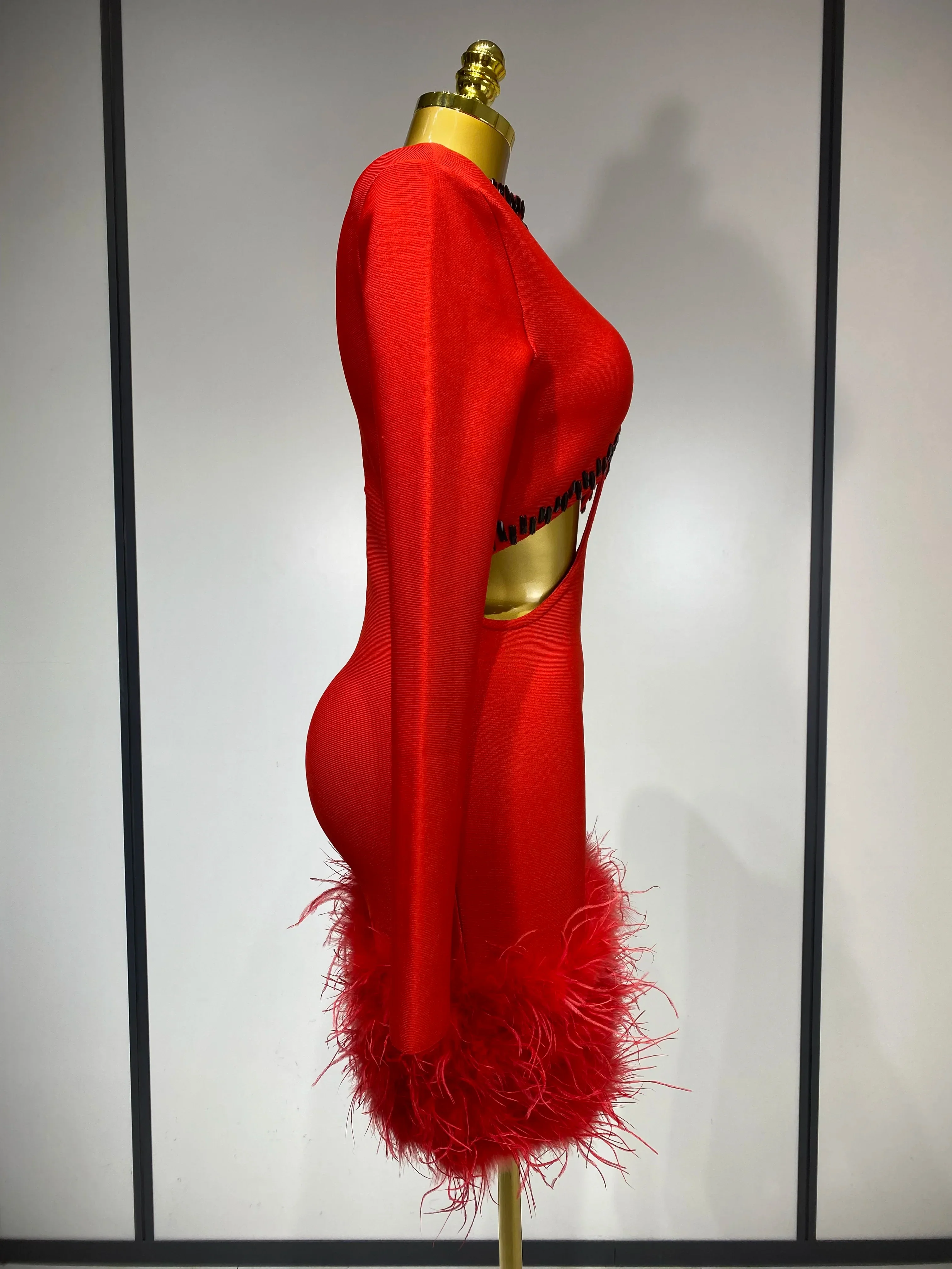 Women Sexy Cut Out Long Sleeve Beading Feather Red Mini Bandage Dress Celebrity Elegant Evening Party Luxury Birthday Dresses - Image 3