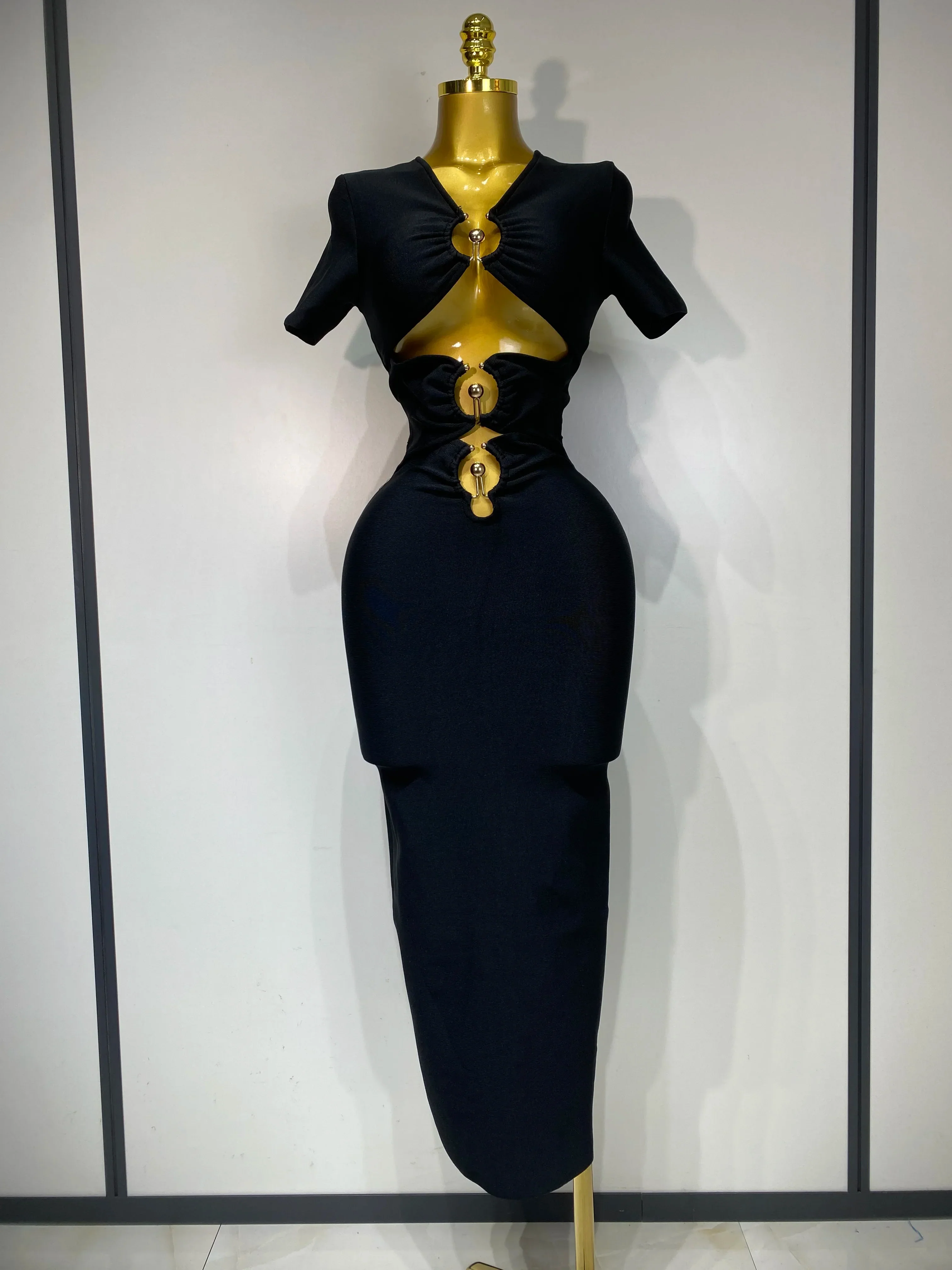 Women Sexy Cut Out Short Sleeve Bodycon Long Dress Party Evening Celebrate Birthday Black Bandage Knitted Club Prom Gown
