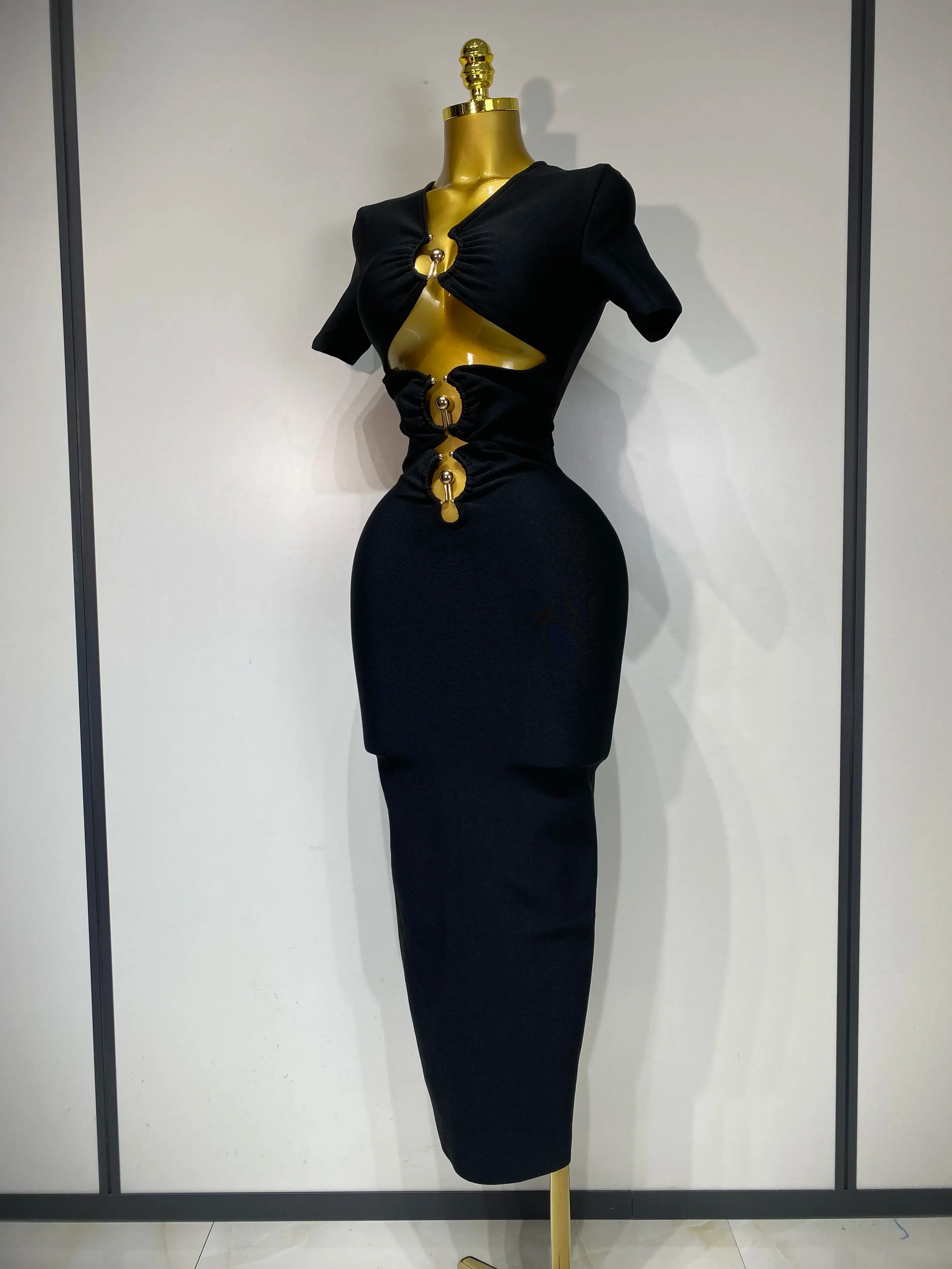 Women Sexy Cut Out Short Sleeve Bodycon Long Dress Party Evening Celebrate Birthday Black Bandage Knitted Club Prom Gown - Image 2